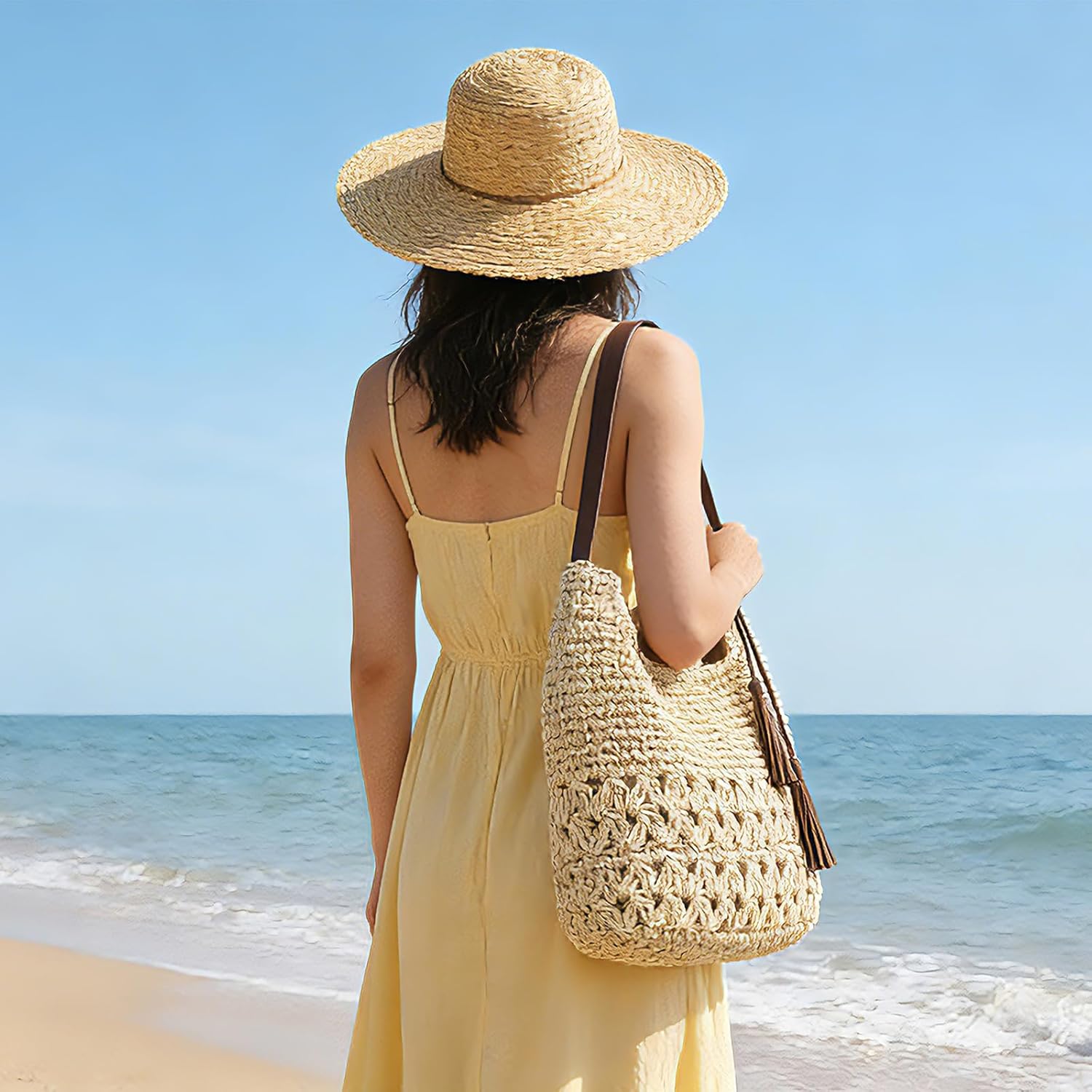 KUANG! Women Straw Woven Tote Bag Summer Beach Shoulder Bag Handmade Crochet Hobo Purse for Vacation Holiday