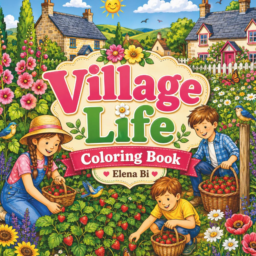 Village Life Coloring Book: A Relaxing Collection of Cozy Village Homes, Blooming Flowers, Farm Animals, Scenic Landscapes, and Seasonal Adventures