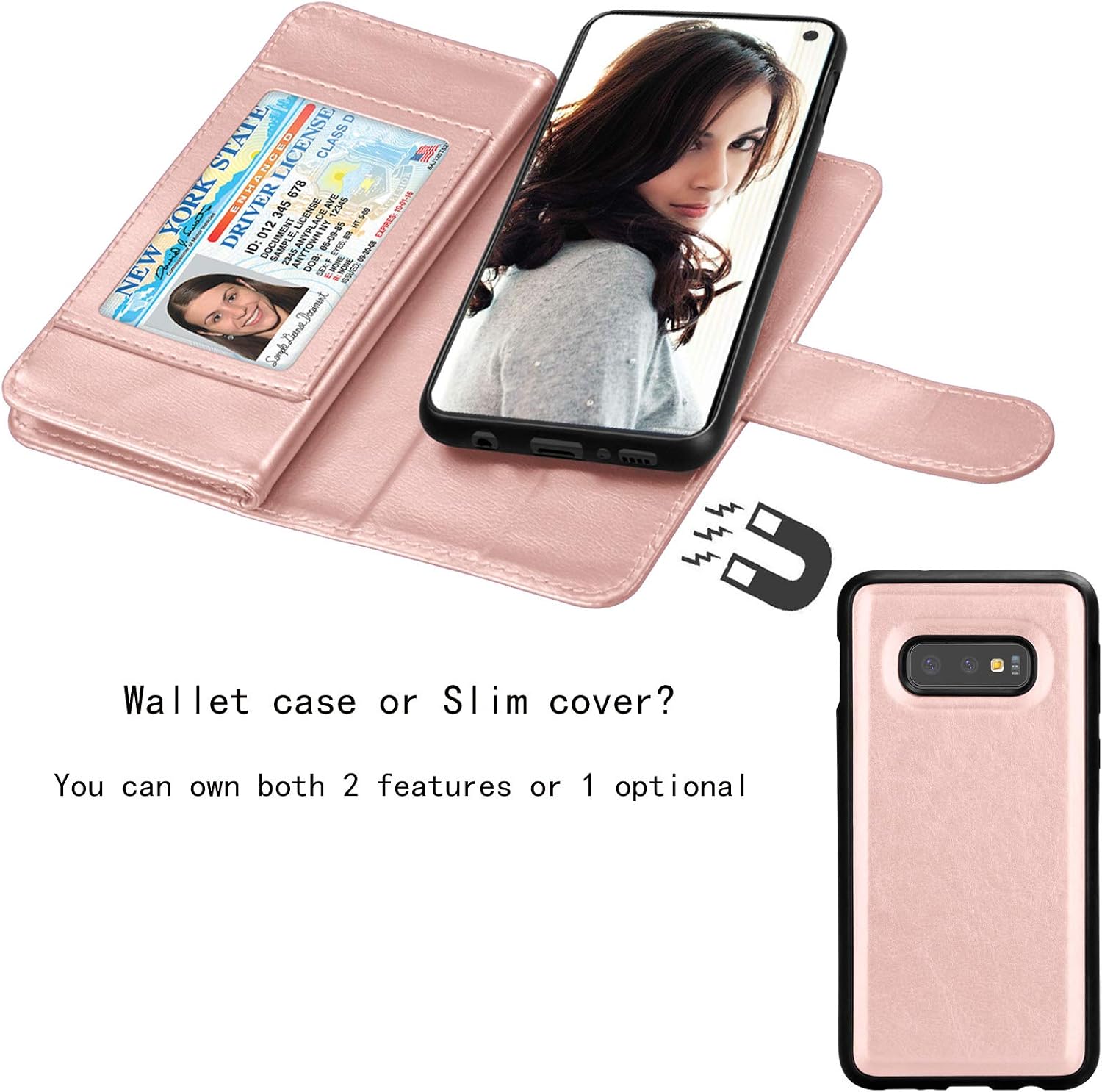 NJJEX Wallet Case for Galaxy S10E, for Galaxy S10E 5.8" Case, PU Leather [9 Card Slots] Credit Holder Flip Folio [Detachable][Kickstand] Magnetic Phone Cover & Wrist Strap for Samsung S10E [Rosegold]