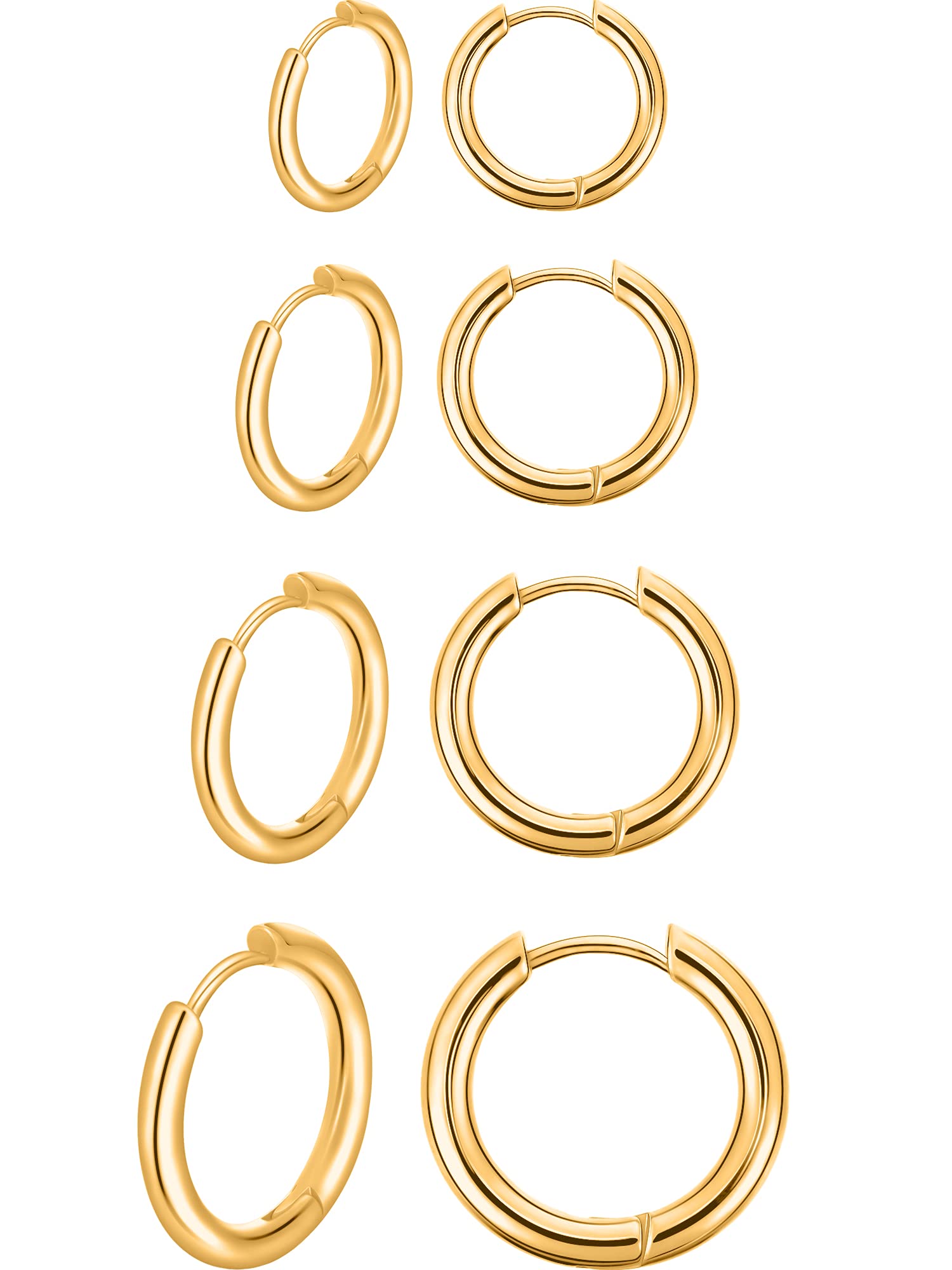 Boao 4 Pares Pendientes de Aro de Acero Inoxidable Anillos de Labios Nariz Pendientes de Aro Pequeños de Cartílago para Hombre y Mujer (12 mm, 14 mm, 16 mm, 18 mm, Oro)