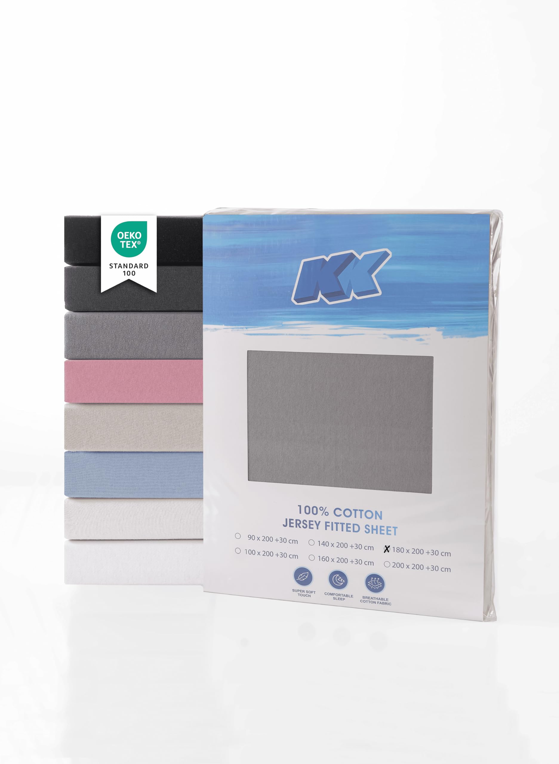 Jersey Spannbettlaken/Bettlaken 100% Baumwolle, elastisch & weich atmungsaktiv & pflegeleicht Oeko-Tex Standard 100 Zertifiziert (grau, 180x200+30 cm)