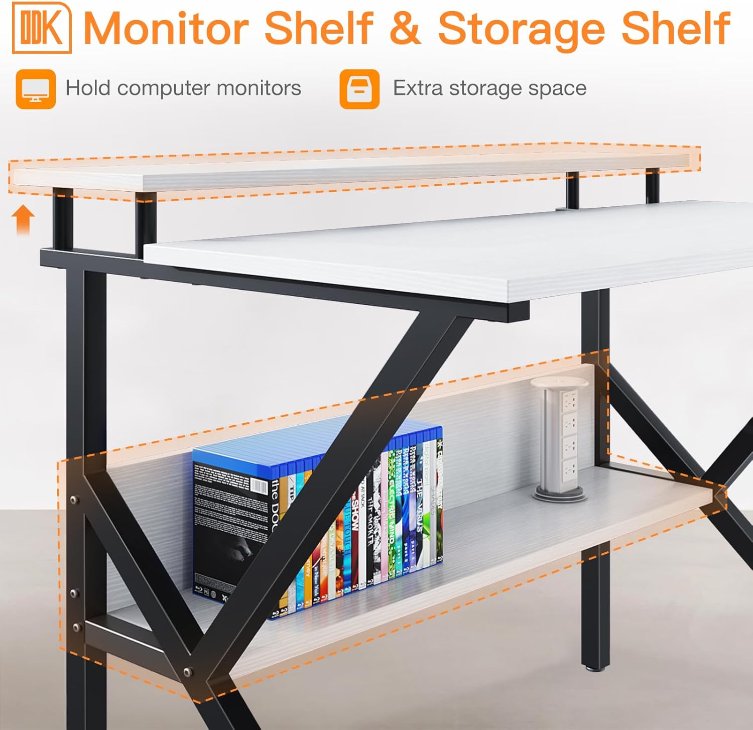 بند ڪرڻ view of the ODK Mini Desk's monitor shelf and lower storage shelf, showing items like books and a power strip.