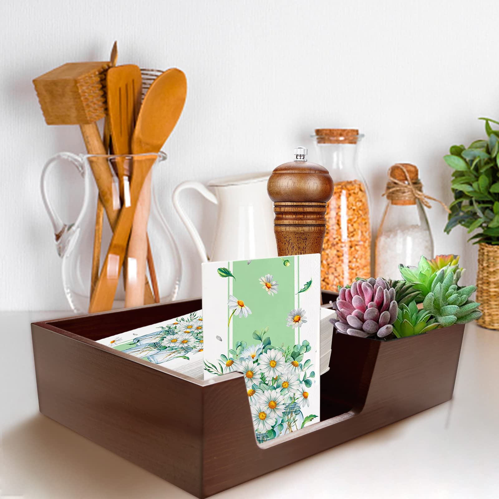 Servethouder met zout en peper caddy, boerderij platte servethouder, houten papierdispenser voor keukentafel, wegwerp papieren bord lepel vork messen opslag organizer voor feestbuffet