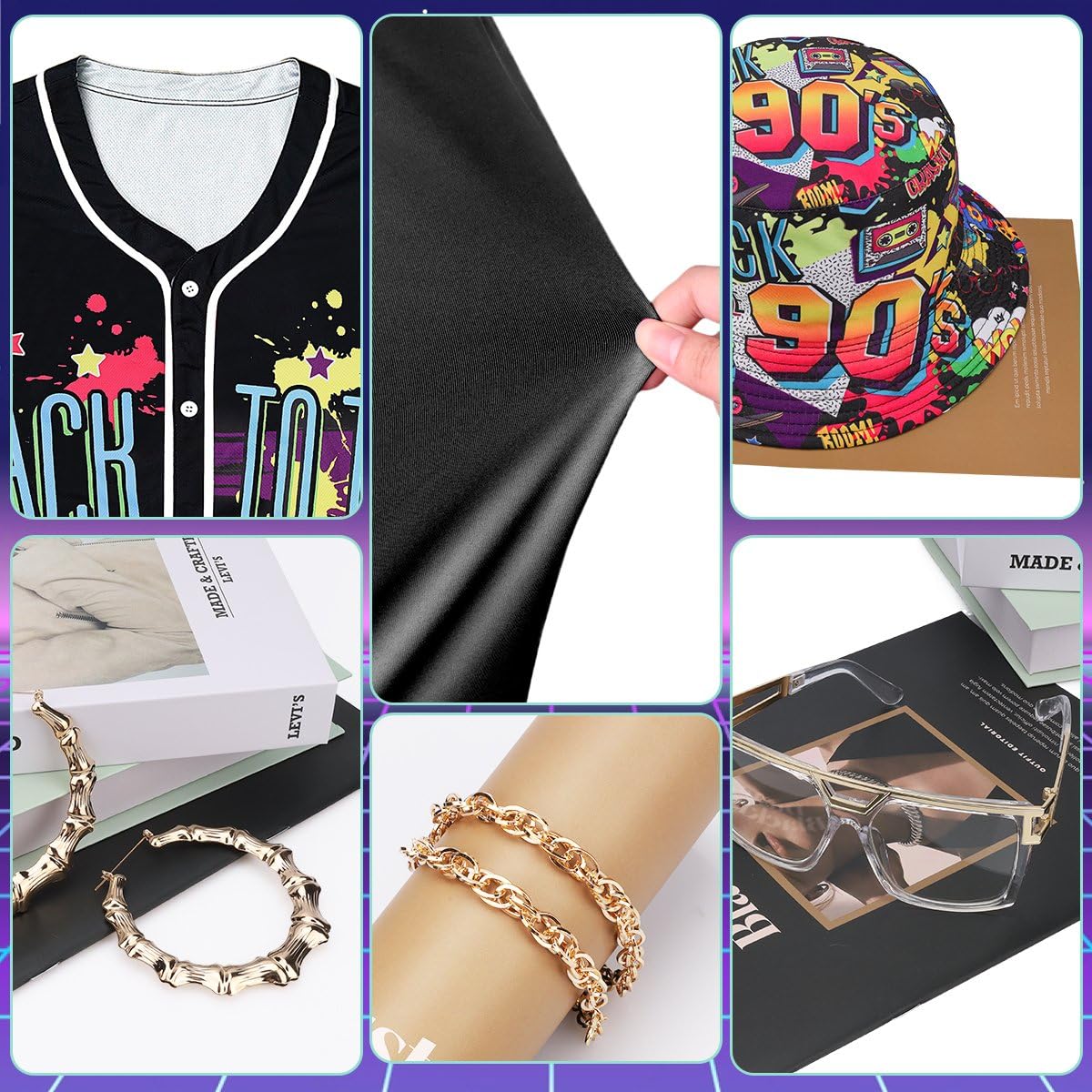 WILDPARTY 80s 90s Hip Hop Costume Outfit for Women Baseball Jersey Shirt Yoga Pants Bucket Hat Gold Chain Rapper Accessories 1990s 1980s Neon Clothes Retro Party Pattern-G XL - Image 4