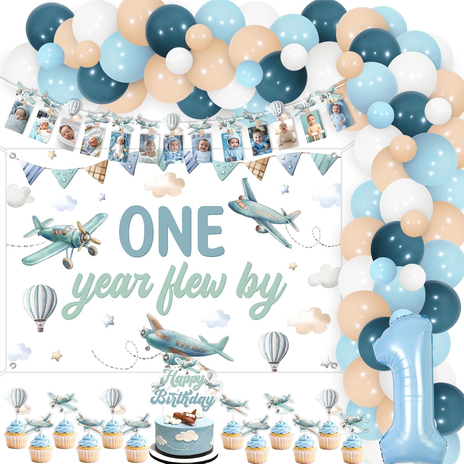 Airplane 1st Birthday Decorations Retro One Year Flew By Backdrop Banner Vintage Airplane Balloon Garland Arch Photo Banner Cake Cupcake Topper 1 Foil Balloon Boho Aircraft Birthday