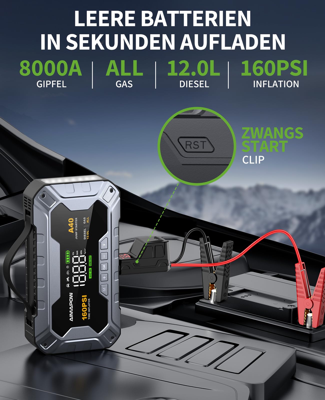 AIMAPOW Starthilfe Powerbank für Pkw mit Kompressor 8000A 160PSI Auto Starthilfe Powerbank für All Benzin und 12.0L Dieselmotor,Starter Powerbank Eingang/Ausgang und 600LUM LED-Licht