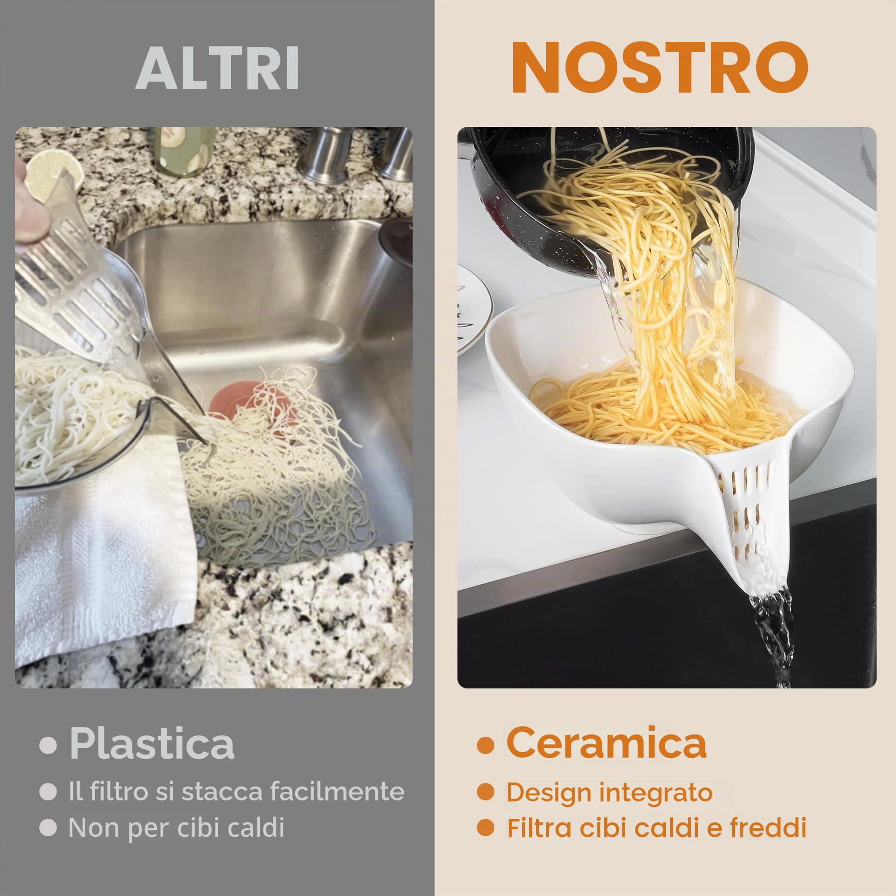 NiHome Colino multifunzione in ceramica per alimenti con beccuccio di scarico integrato, grande capacità per verdure, frutta, pasta e altro ancora, resistente al calore, infrangibile, lavabile in