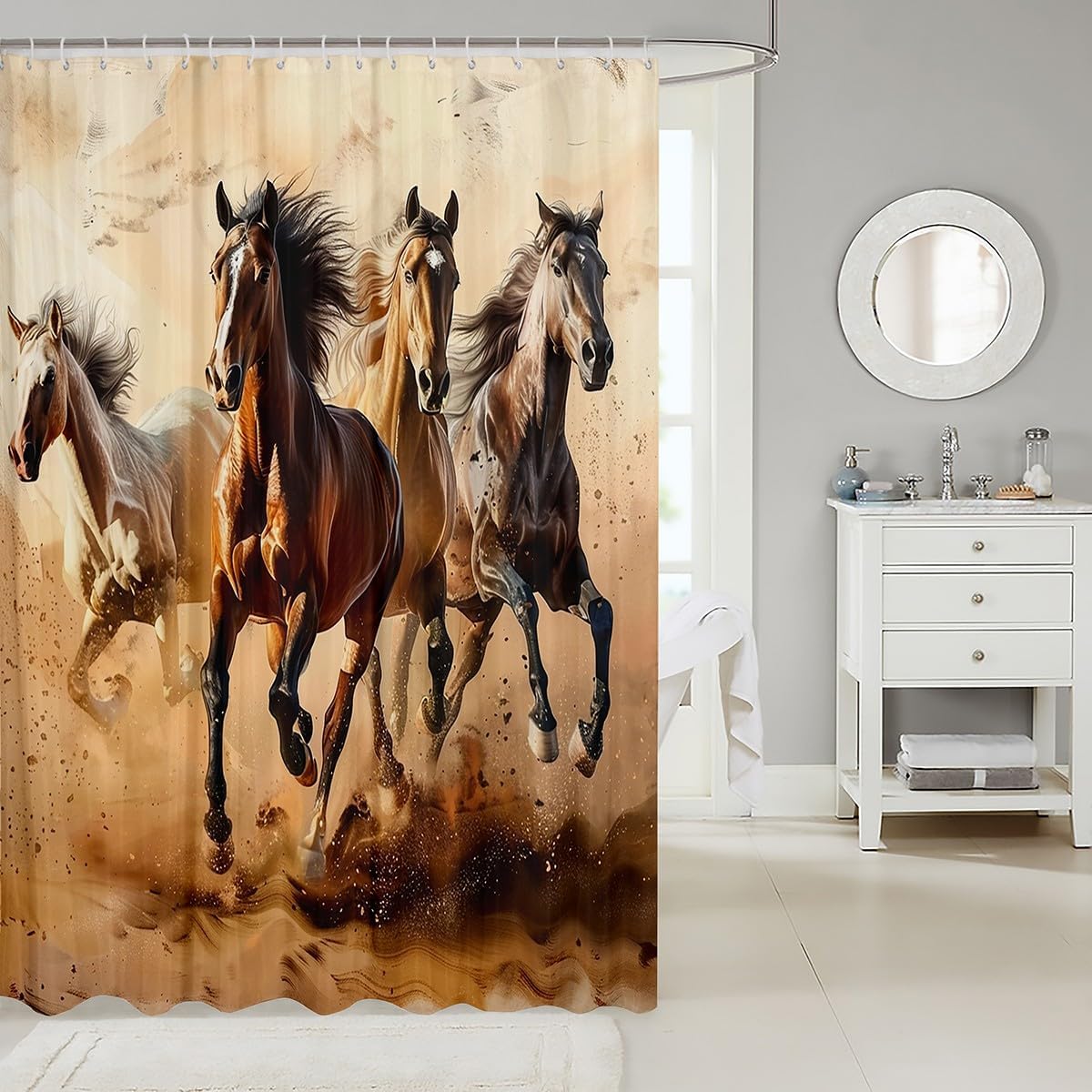 Feelyou Kids Horse Bath Curtain Galloping Horse Shower Curtain Boys Girls Wild Animal Bathroom Shower Curtain Set Western Farm Teens Bathroom Accessories Room Decor 72"x84"