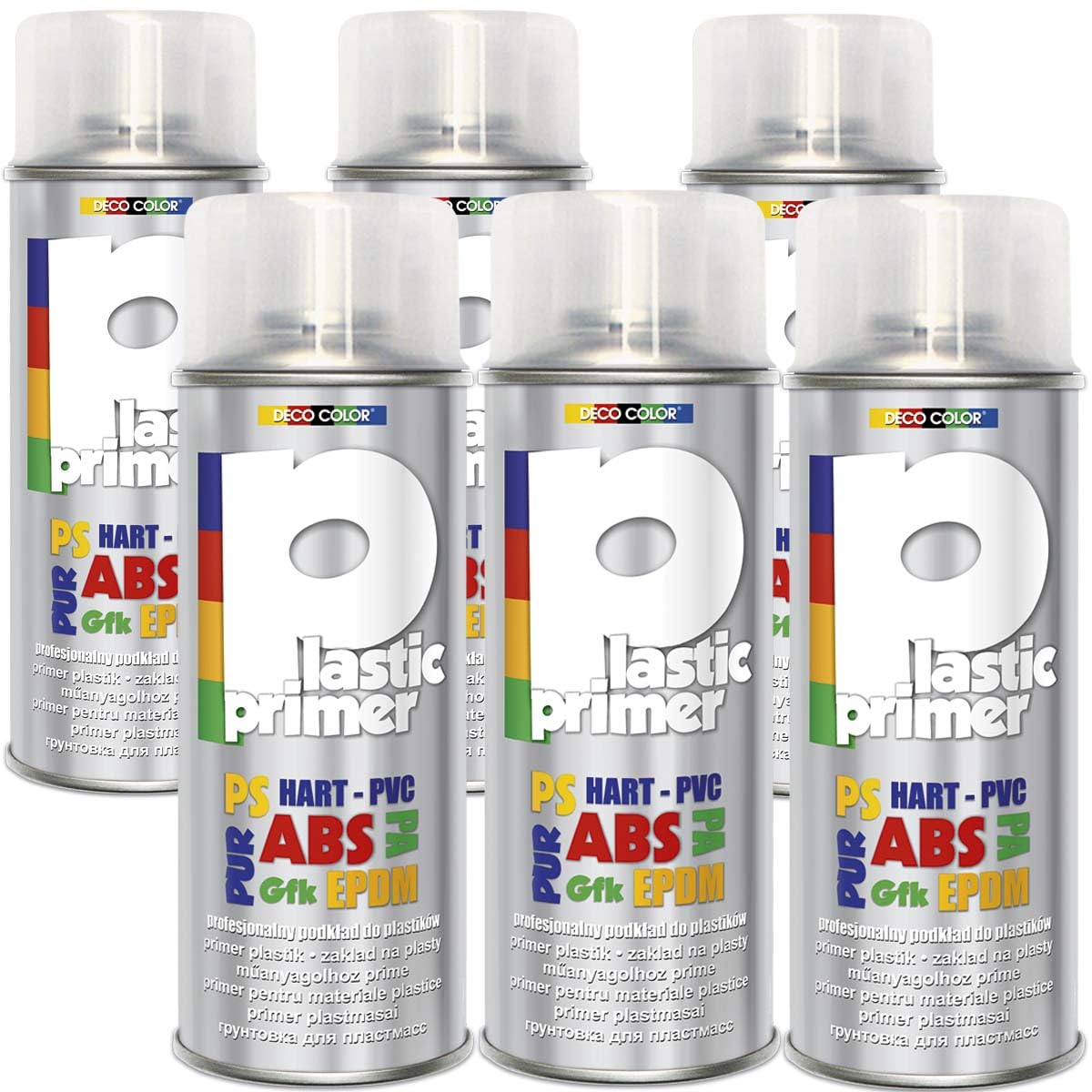 Deco Color Plastic Primer 400ml - Grundierung für verschiedene Kunststoffe PUR, PS, PA, EPDM, ABS, GfK Hart-PVC und ähnliche (Gartenmöbel/Pflanzengefäße usw.) (6 Dosen Plastic Primer 400ml)