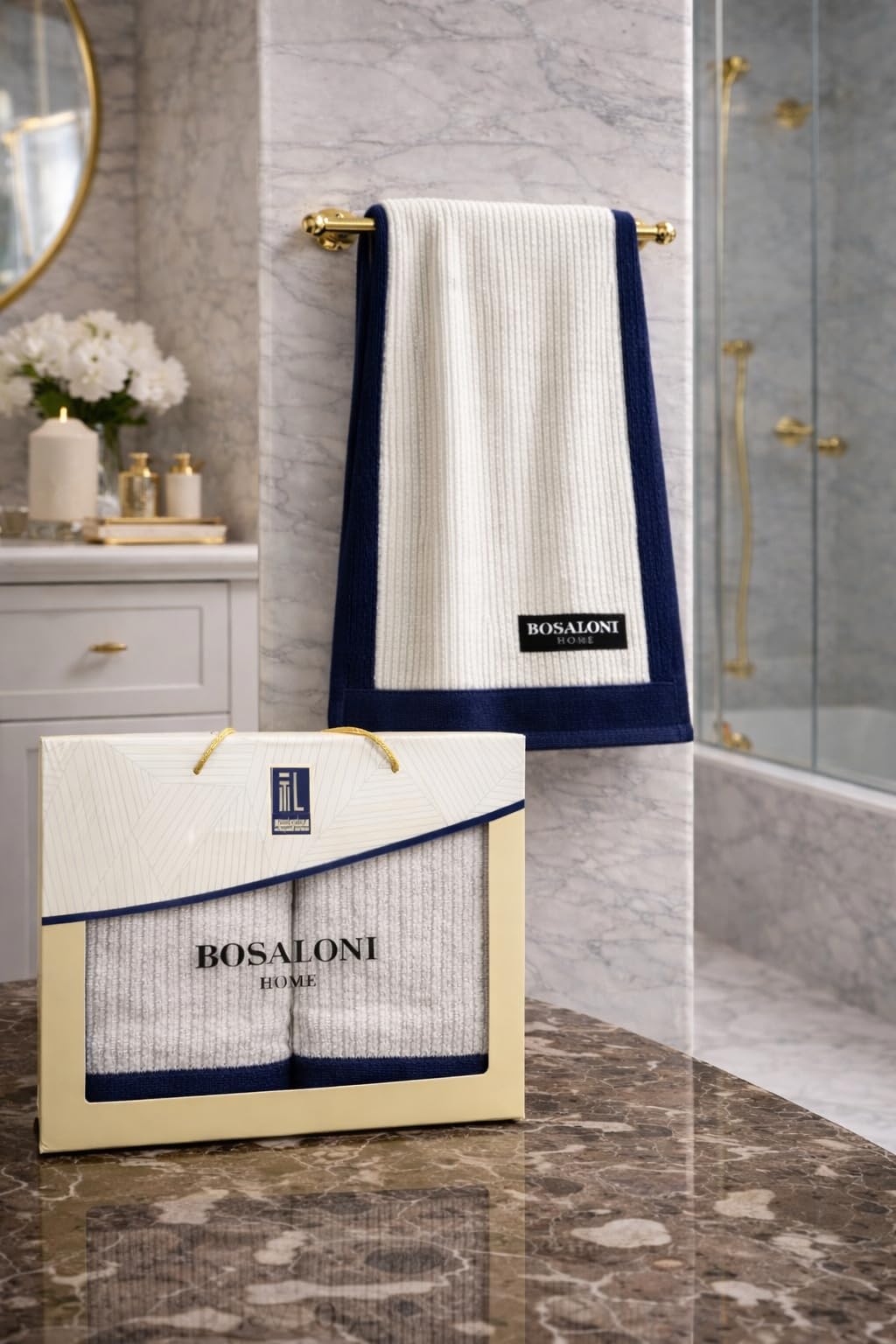 B O S A L O N I HOME Set 2 Asciugamani Viso – Formato Compatto ed Elegante – 100% Cotone – Morbidi, Leggeri e ad Asciugatura Rapida - Blu