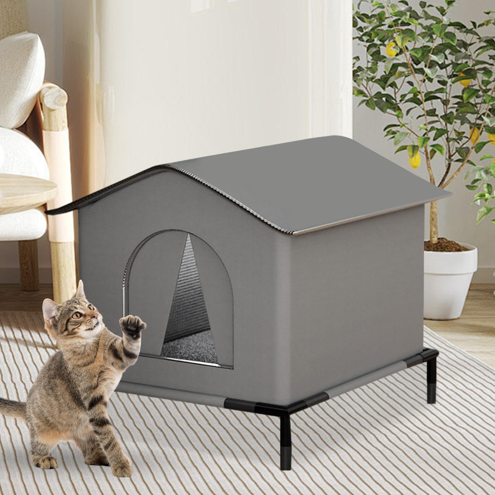 Casetta Per Gatti Per Esterni, Casetta Per Gatti Da Esterno Impermeabile | Cuccia Impermeabile Con Tappetino E Pavimento Irialzato Rifugio Per Giardino Cortile Patio, 40x33x33cm