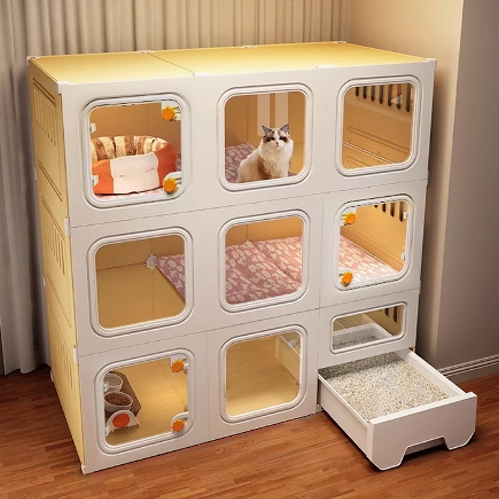 Cage Chat, Maison Chat Interieur, Caisse de Transport for Chat, Cabane Chat avec Serrure Anti-évasion et Bac à Litière Fermé for Petits Animaux(106x46.5x106cm)