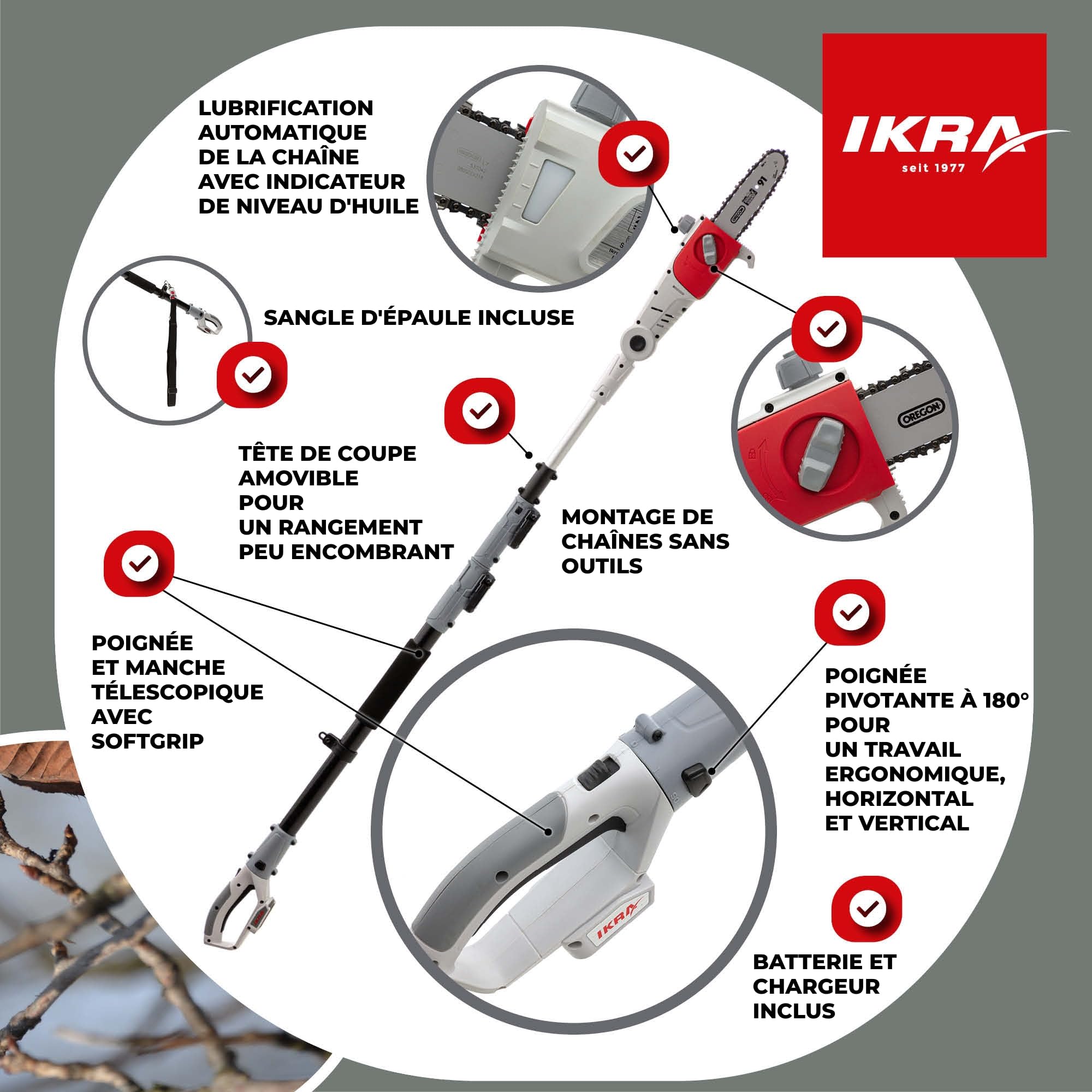 Ikra élagueuse télescopique sur batterie ICPS 2020, longueur de coupe 20cm, autonomie 40 min
