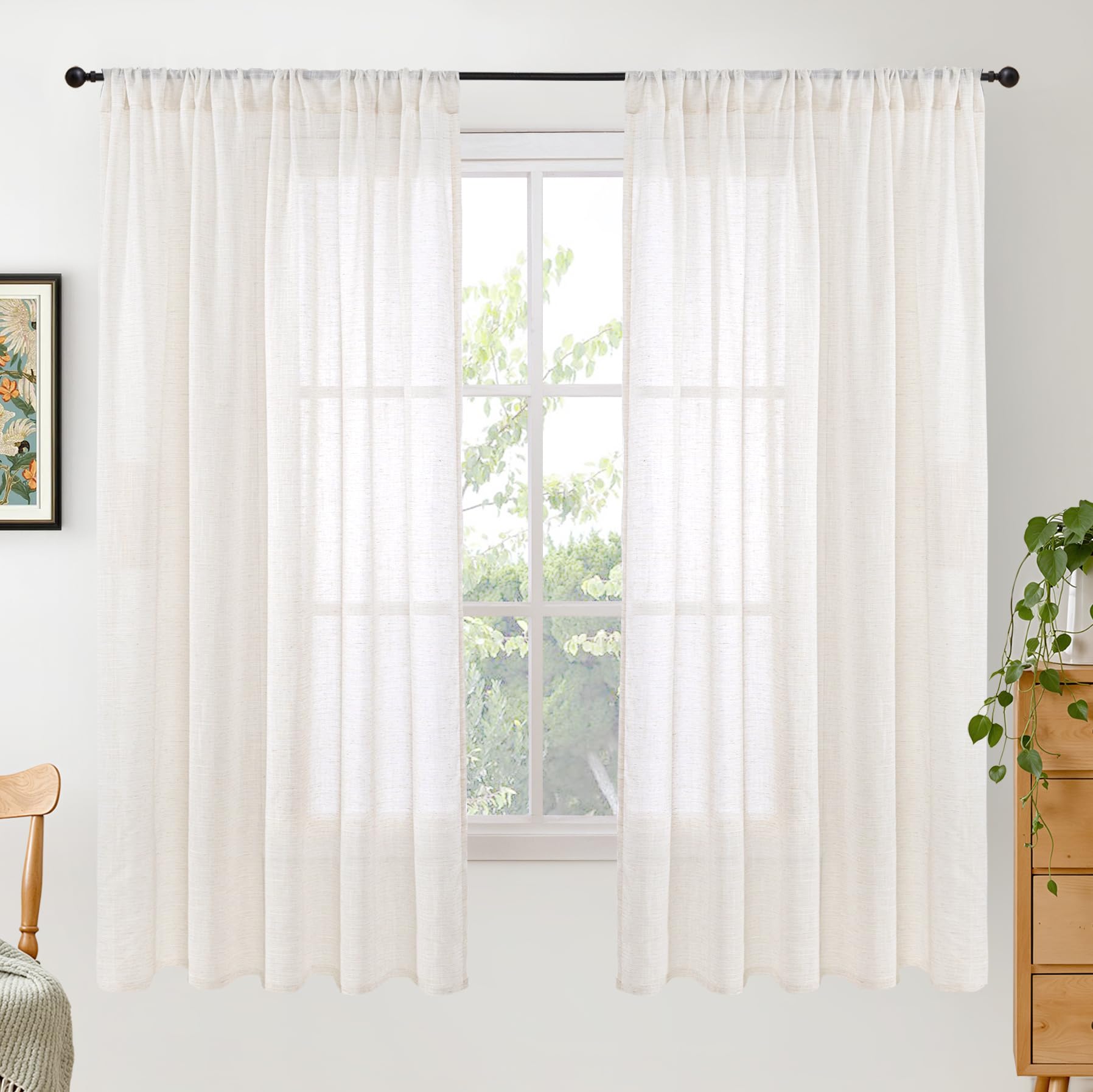 BGment Linen Semi Sheer Curtains 52X63 Inch Length for Living Room