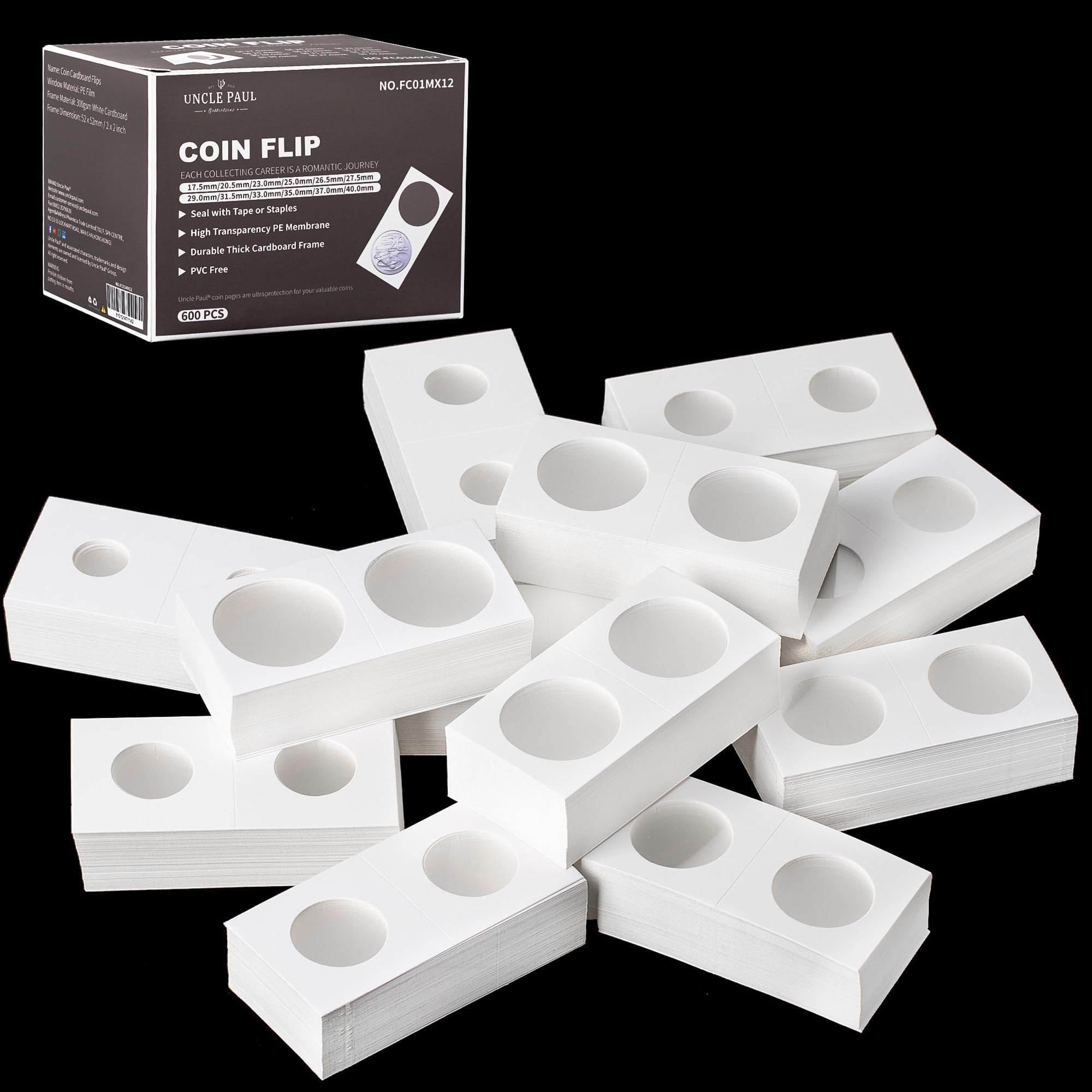 600PCS Coin Flips in 12 Sizes Cardboard Coins Holders 2x2
