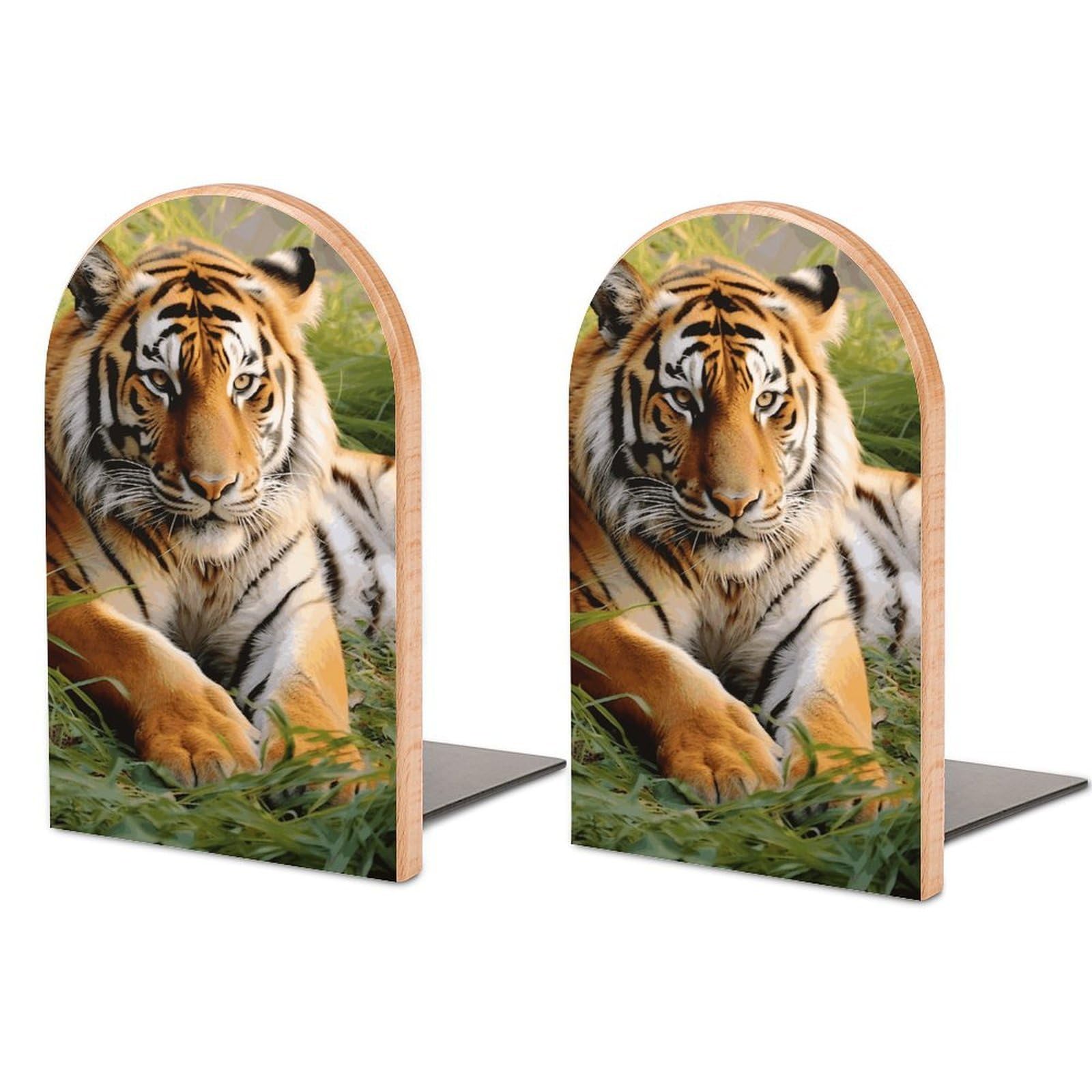 Beech Wood Book Ends Tiger Laying on The Grass Printed Bookend for Shelves Home Decorative Bookends for Heavy Books for Office Bookshelves