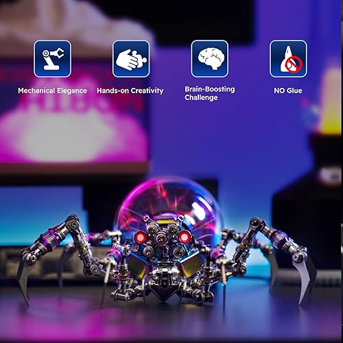 Miniatura 4 de Cyberpunk - Rompecabezas 3D de araña de metal, modelo de ciencia ficción con ojos que cambian de color, bola de plasma interactiva y decoración del
