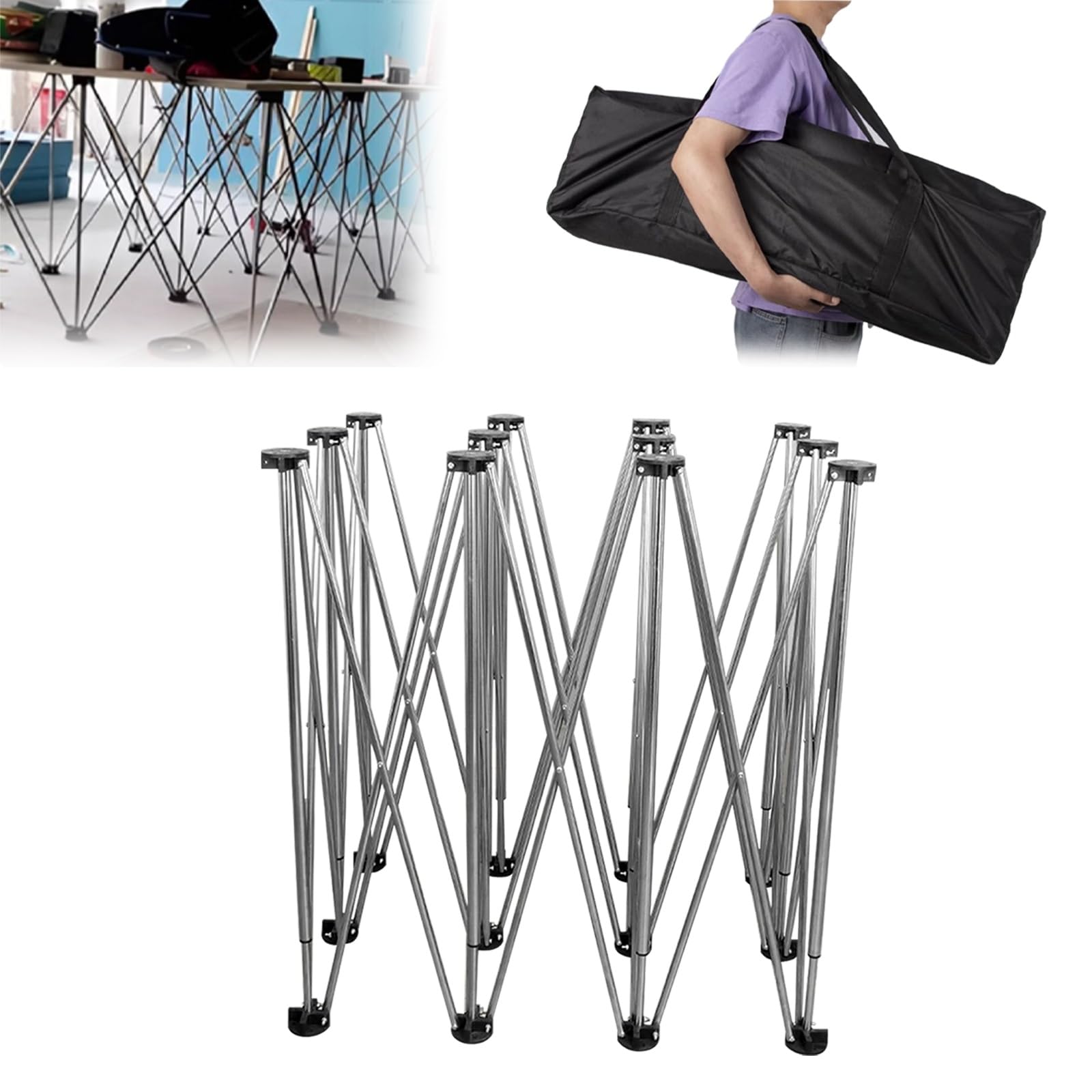 Banco de trabajo plegable resistente de acero inoxidable portátil con 6 patas, ideal para construcción y carpintería, incluye bolsa de almacenamiento, mesa versátil para lugares de trabajo