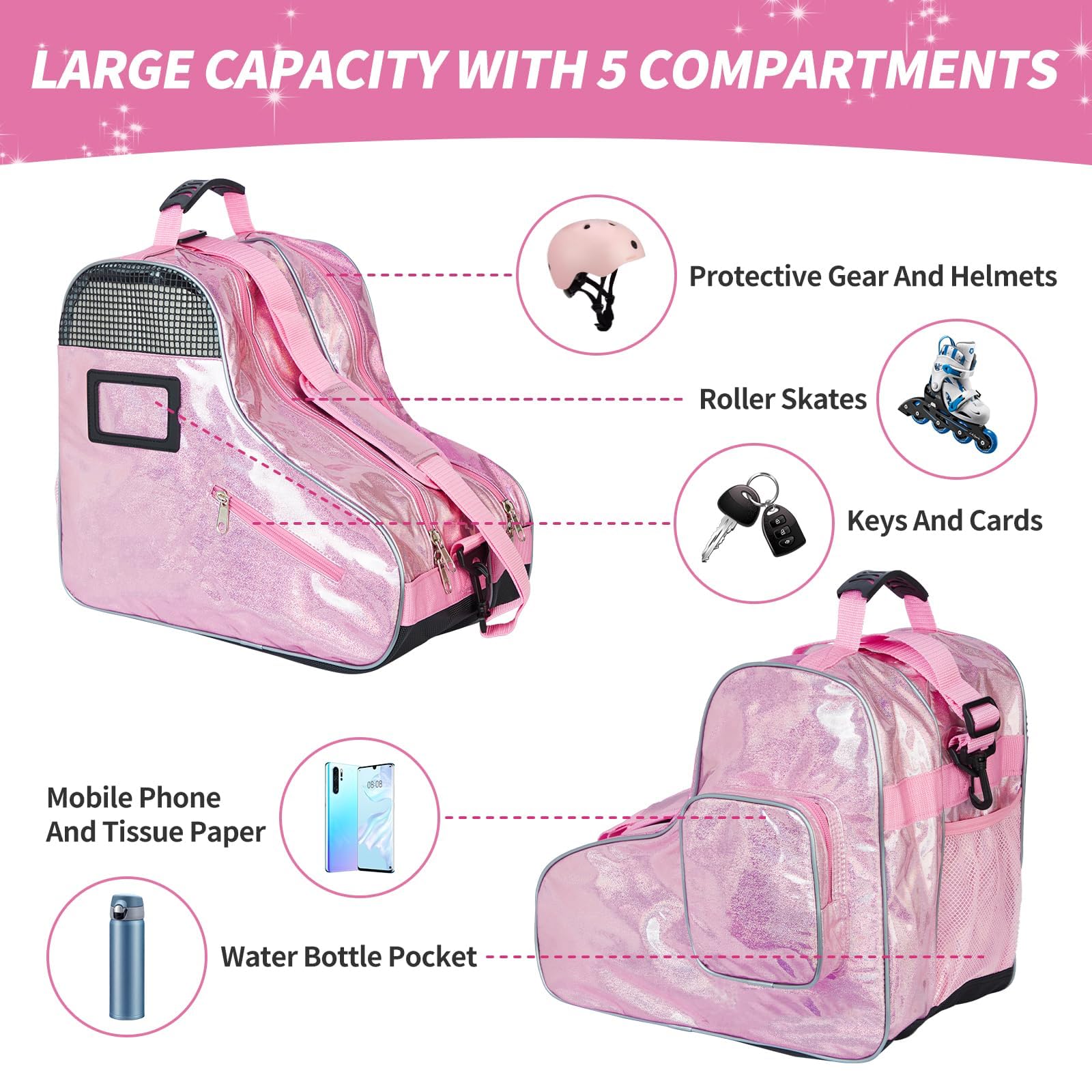 NUKied Sac à patins à roulettes respirant avec bandoulière réglable, grande capacité, patins à glace assortis pour enfants et adultes