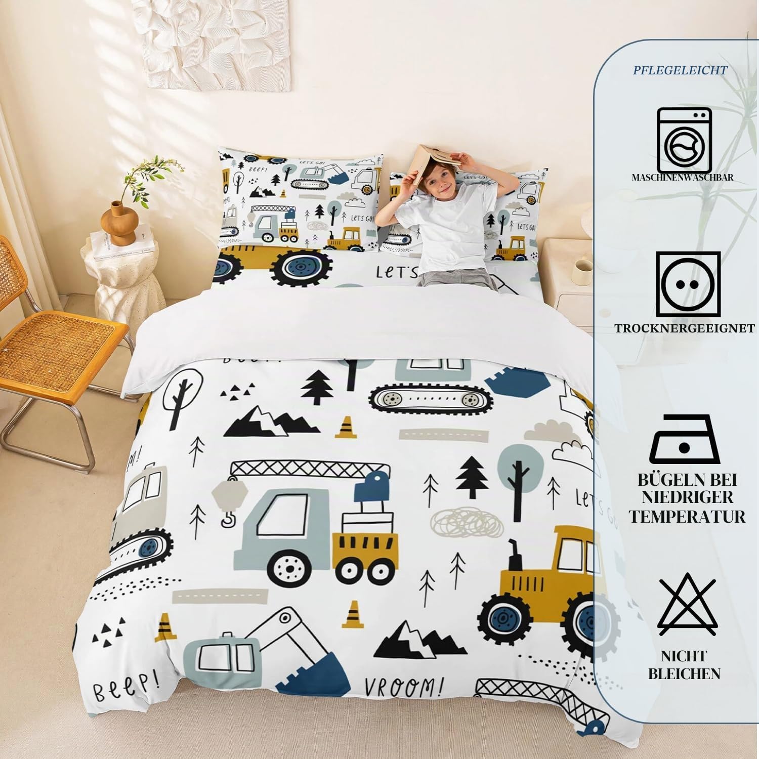 Homemissing Bettwsche-Set, Cartoon-Auto, Bau, 140 x 200 cm, Set fr Kinder, Jungen, Lkw-Ausrstung, Bagger, Traktor, Wei, Gelb