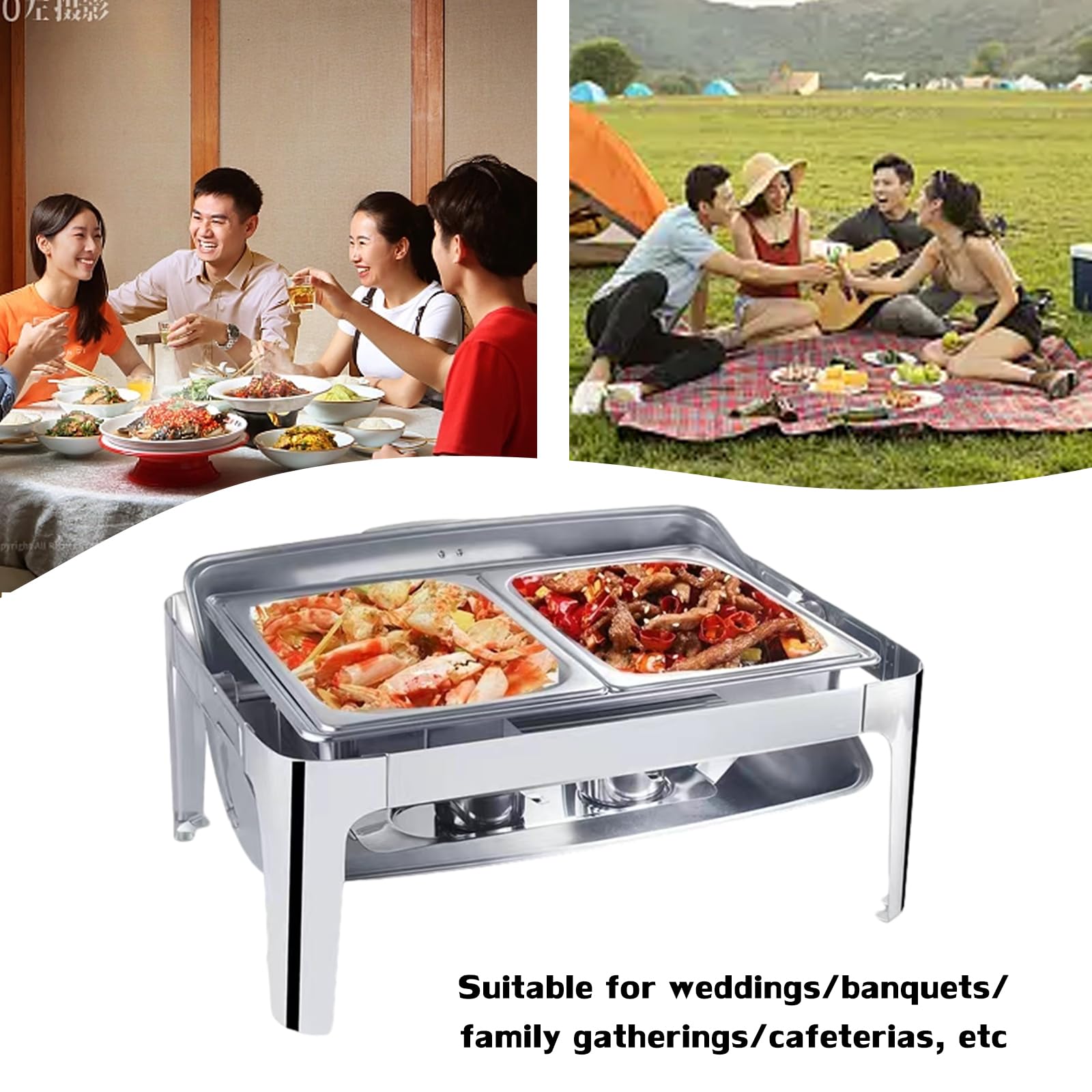 Chafing Dish Buffet Set Calefacción Y Aislamiento Set De Cinco Piezas con Comida Y Agua Bandeja Cubierta Quemador 9L Rectangular con Vidrio De Visualización para Cafetería,Six