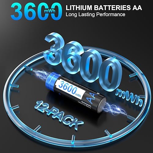 Miniatura 2 de A Artman Paquete de 12 baterías recargables AA de litio con cargador de 12 ranuras, baterías de litio AA de alta potencia de 3600 mWh 1.5 V para