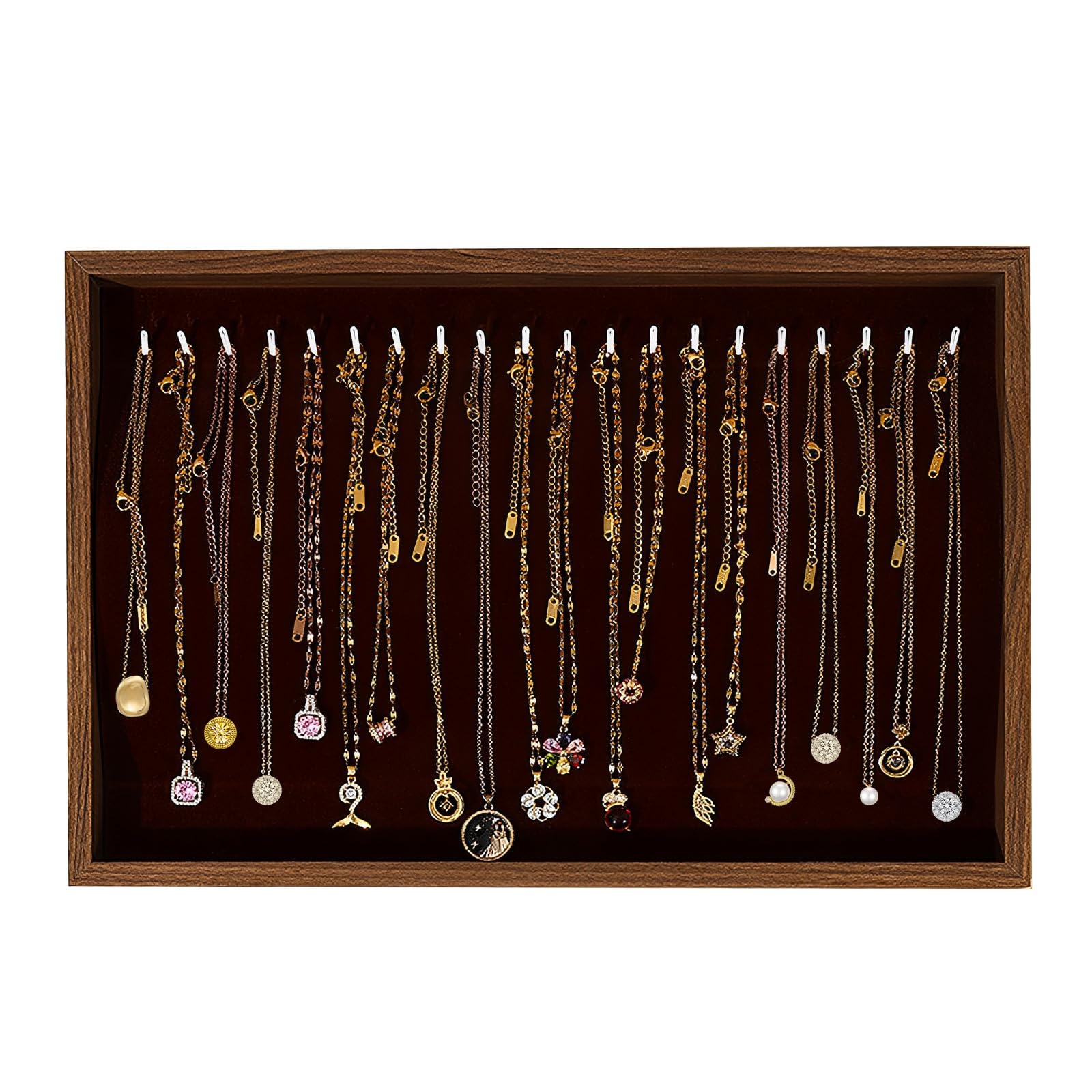 Techchii Red Necklace Storage Tray, Walnut Wood Jewellery Organiser Velvet