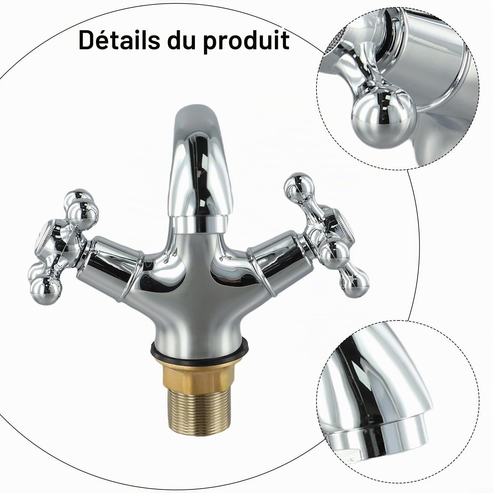 Robinet mélangeur vintage à double poignée pour salle de bain, lavabo, contrôle de l'eau chaude et froide, bec pivotant, design classique, construction en laiton, finition chromée pour cuisine, salle