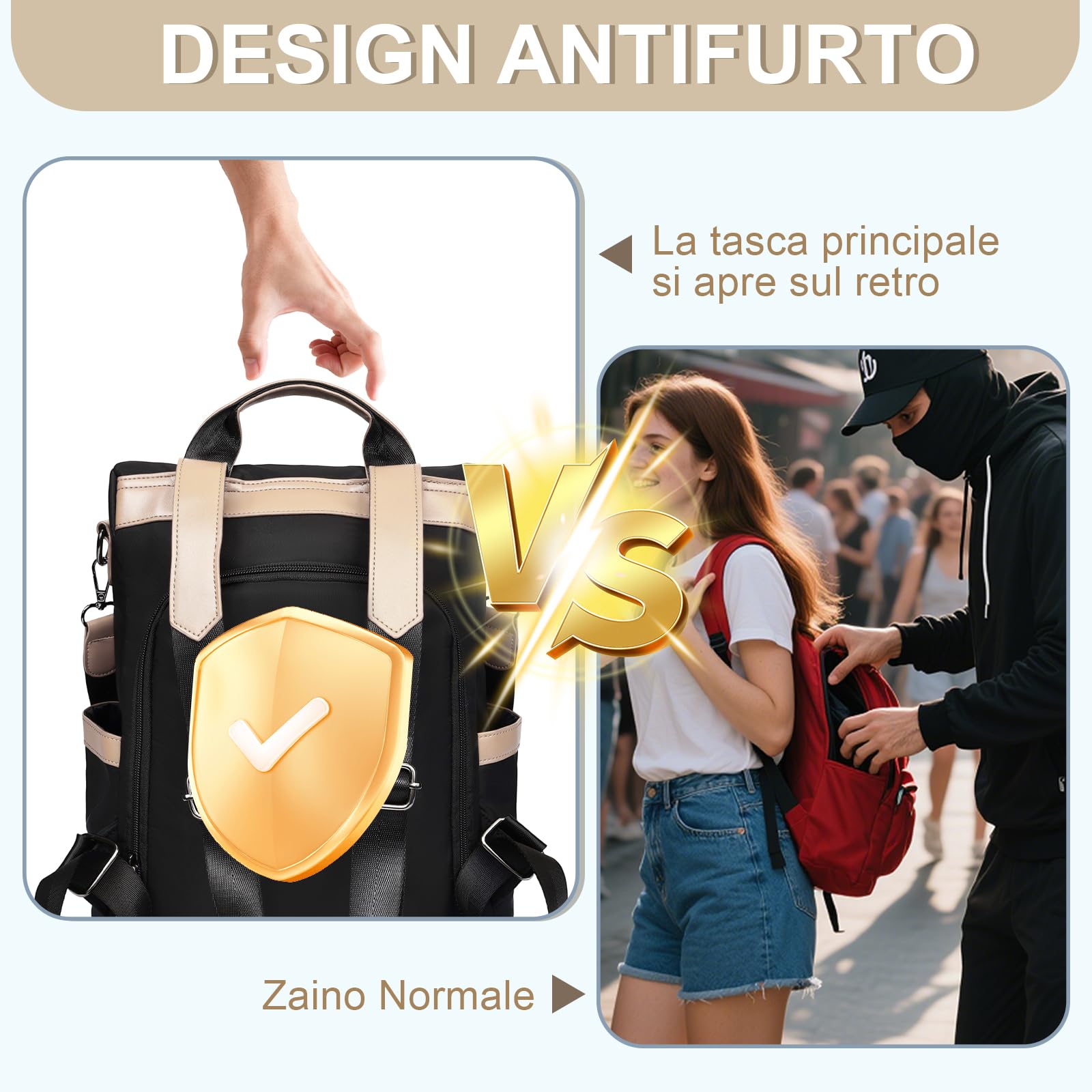 Eshow Zaino Donna Antifurto, Zainetto Casual 3 in 1, Borsa Zaini per Viaggio Scuola Lavoro Shopping e Università