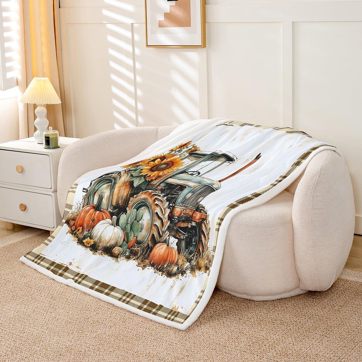 Fall Pumpkin Flannel Blanket,Rustic Farmhouse Tractor Print Fuzzy Blanket for Children Present,Sunflowers Vintage Brown Checkered Polyester Throw Blanket for Couch, Twin Size (60 x 80 Inch)