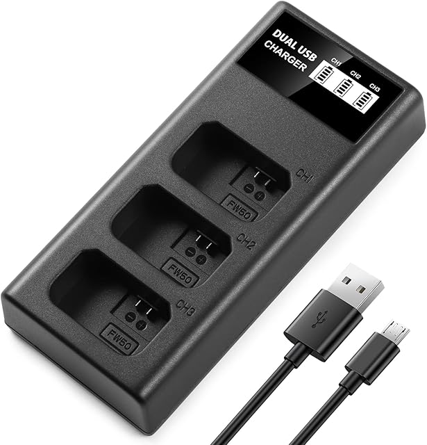 ENEGON NP-FW50 Battery Charger Triple Slot LCD USB Charger for Sony NEX 3/5/7, SLT-A Series, Alpha a3000 a5000 a5100 a55 a6000 a6100 a6300 a6400 a6500, a7/a7II/a7s/a7SII/a7r/a7rII, rx10, rx10II