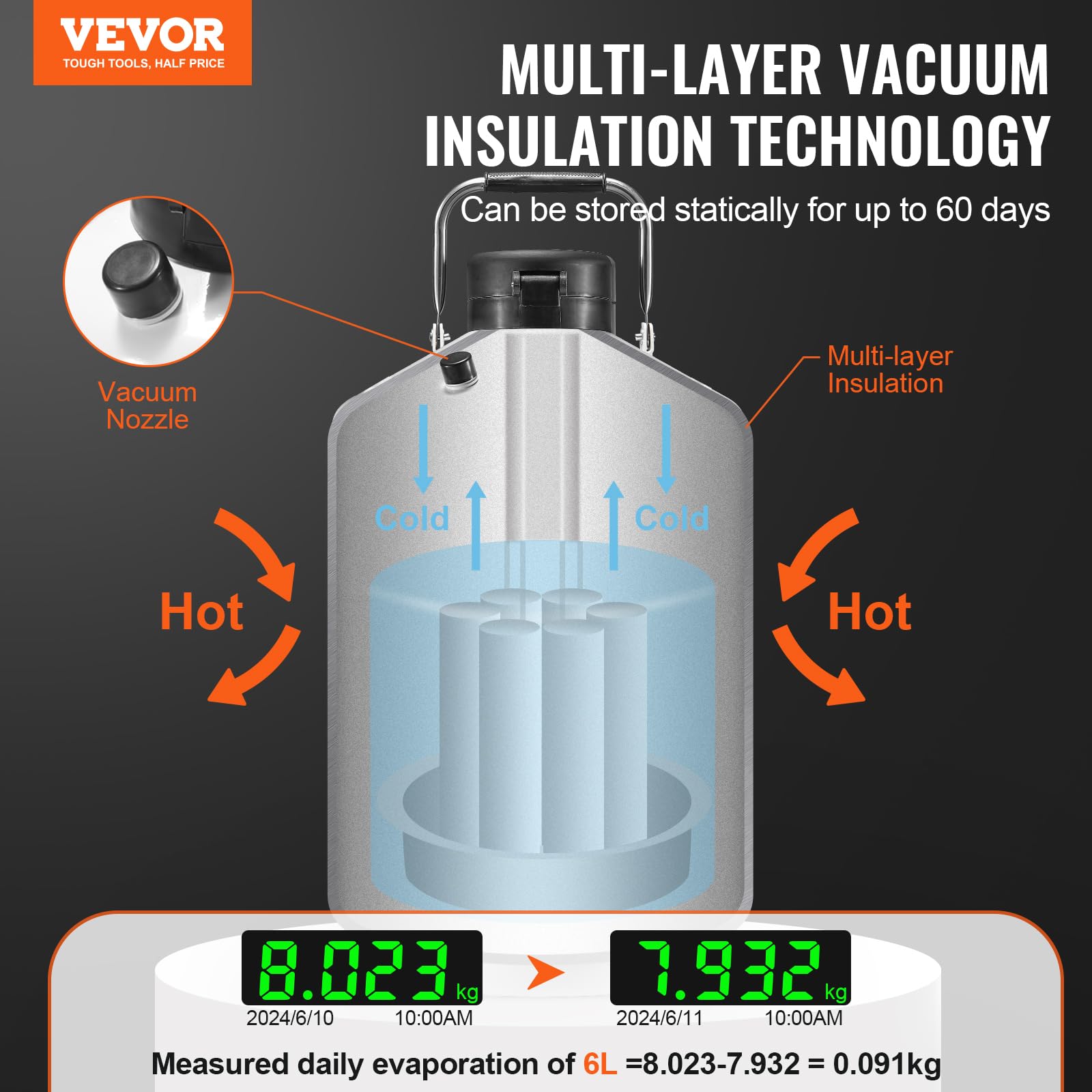 VEVOR Serbatoio per Azoto Liquido 6 L Contenitore per Azoto Liquido Lega di Alluminio, 6 Contenitori, Borsa per Trasporto con Cinghie, Serbatoio Criogenico per L'industria della Bellezza, Scientifico