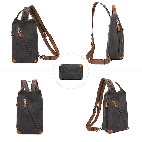 Miniatura 5 de KL928 Bolso bandolera pequeño Mochila cruzada de lona para el hombro, mochila casual para hombres y mujeres, negro (6887-canvas-black), Mochilas