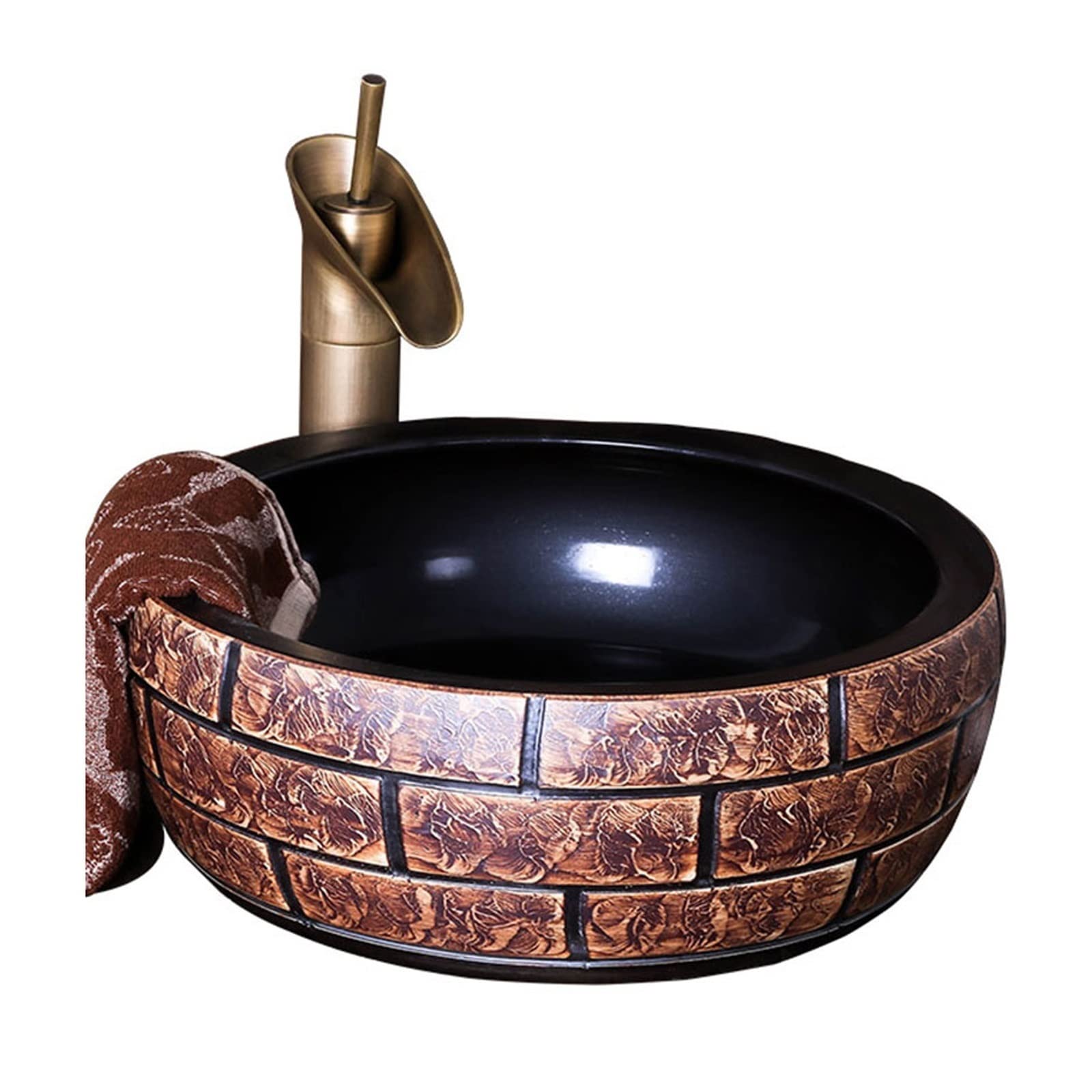 Gljtuo Brown Vessel Sinks, Drain Sink 16.5 Inch Round Vessel Sink Countertop Ceramic Vessel Sink Bathroom Ceramic Vessel Vanity Sink Farmhouse Sink