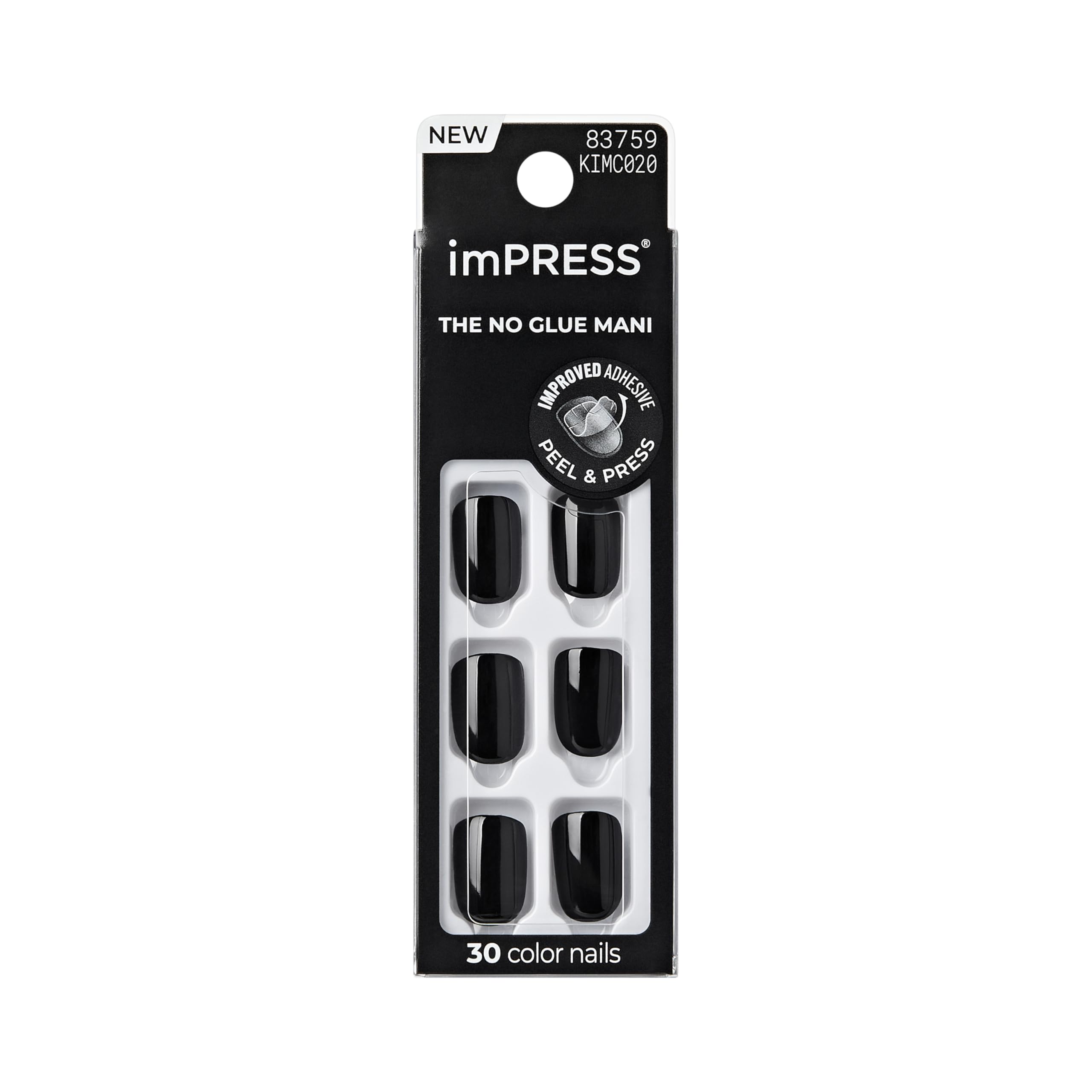 KISS imPRESS No Glue Mani Press On Nails, Color, 'All Black', Black, Short Size, Squoval Shape, Includes 30 Nails, Prep Pad, Instructions Sheet, 1 Manicure Stick, 1 Mini File