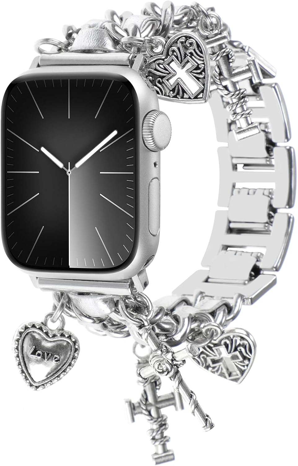 Stylish Metal Bands Compatible with Apple Watch Band 49/46/45/44/42mm 41/40/38mm Women,Cuban Chain Band with Cute Pendants Love Cross Charms Strap for iWatch Series 11 10 9 8 7 6 5 4 SE/Ultra 3 2 1 image 5