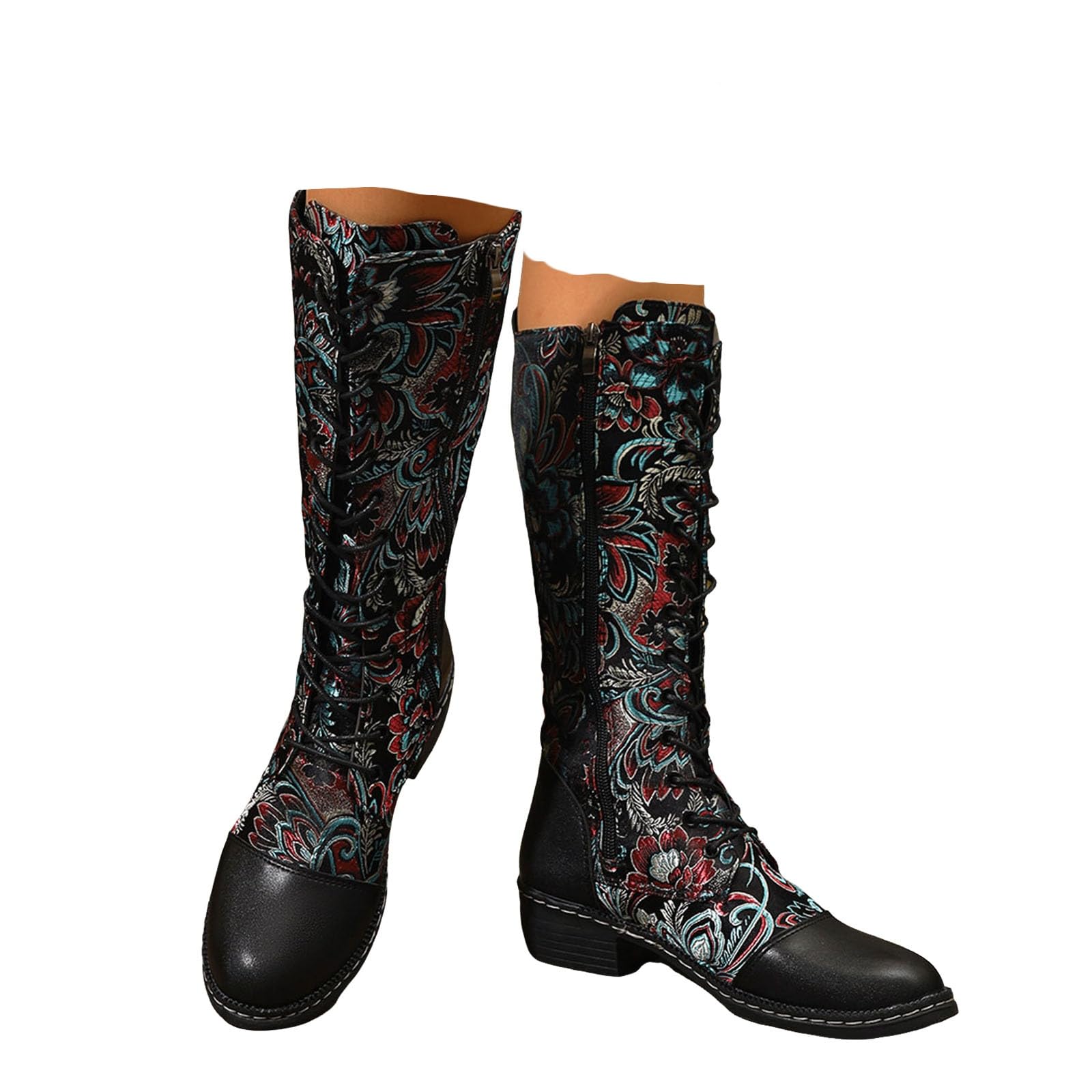 Womens Cowboy Knee High Boots Retro Shinny Floral Embroidery Lace up Round Toe Chunky Block Heels Side Zipper