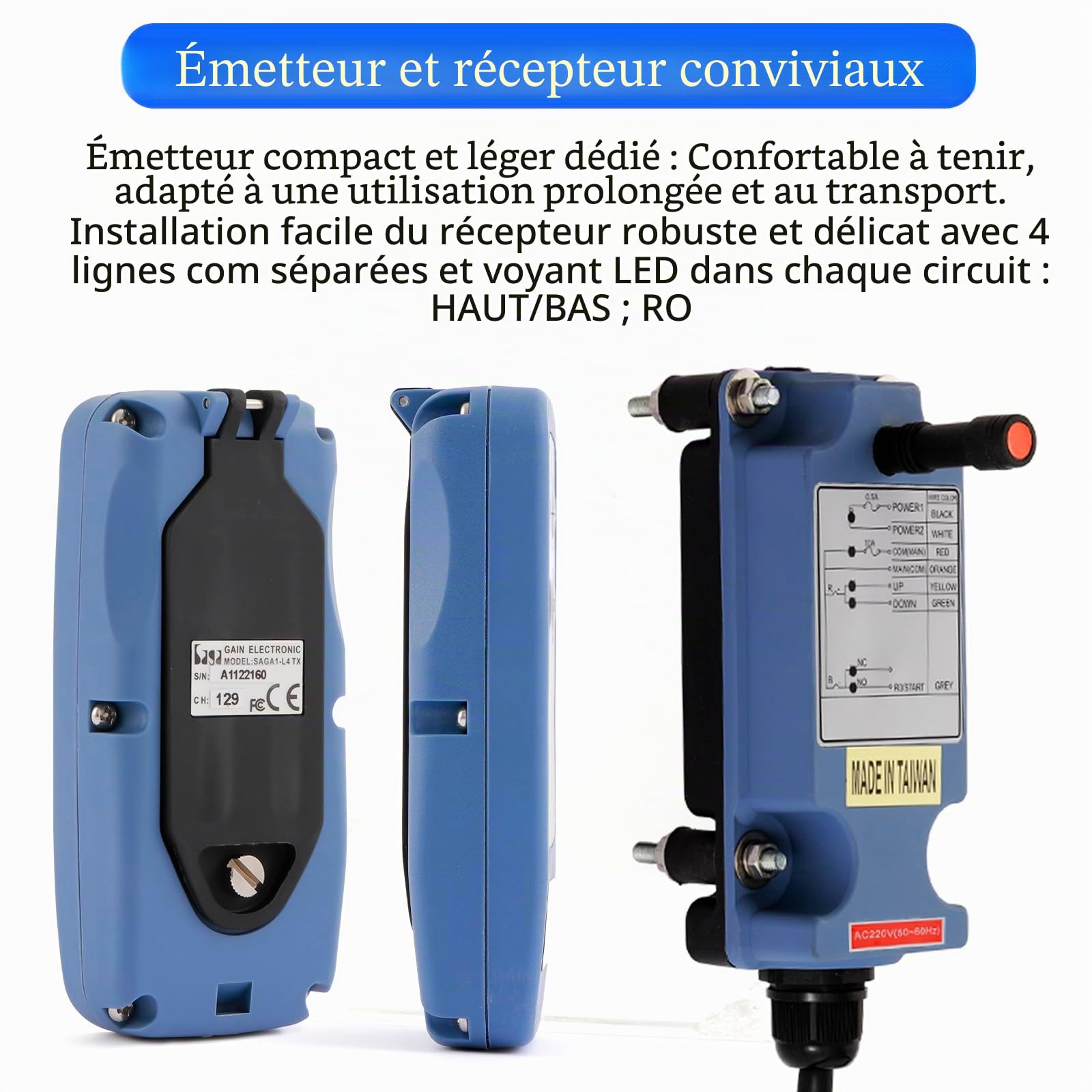 Saga-L4 Mini Télécommande sans fil pour pont roulant grue pour industriel 2 canaux boutons Treuil radio Emetteur et récepteur (1 émetteur+1 récepteur, 12-24V AC/DC)