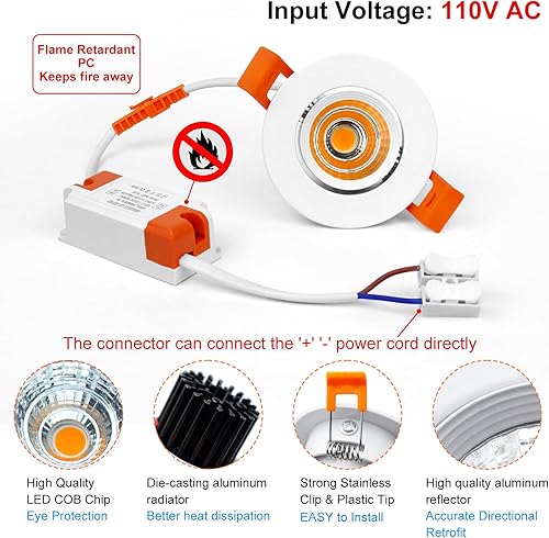 Miniatura 3 de inShareplus Luces empotrables LED de 2 pulgadas, regulables COB empotradas, 3000 K blanco cálido, CRI80, luces de techo con controlador LED, paquete