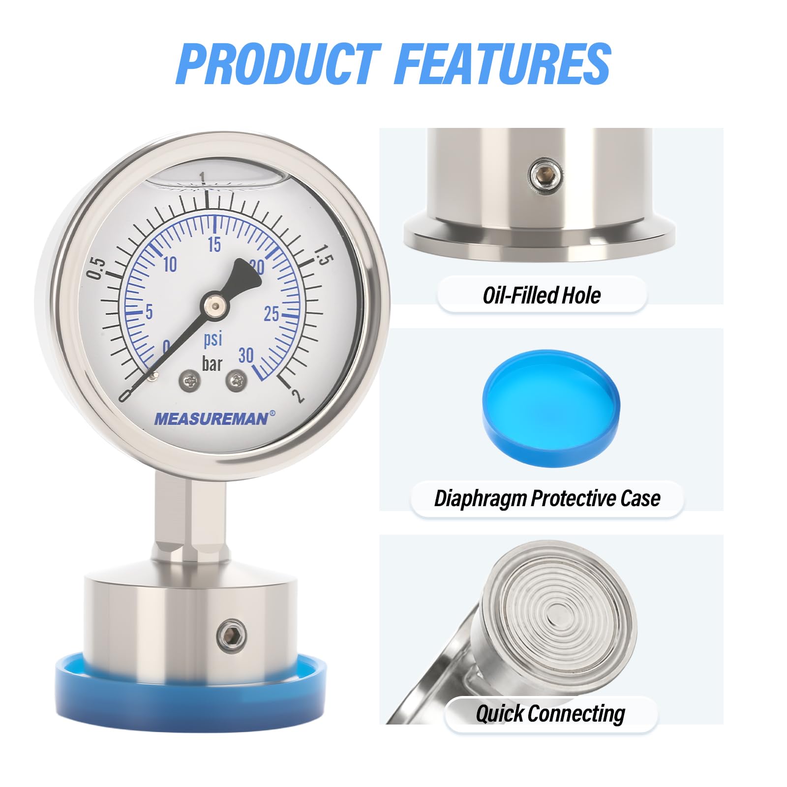 Hygienisches Manometer, glycerinbefüllt, 0-2bar/psi, Brauerei, Lebensmittel und Pharmabranche