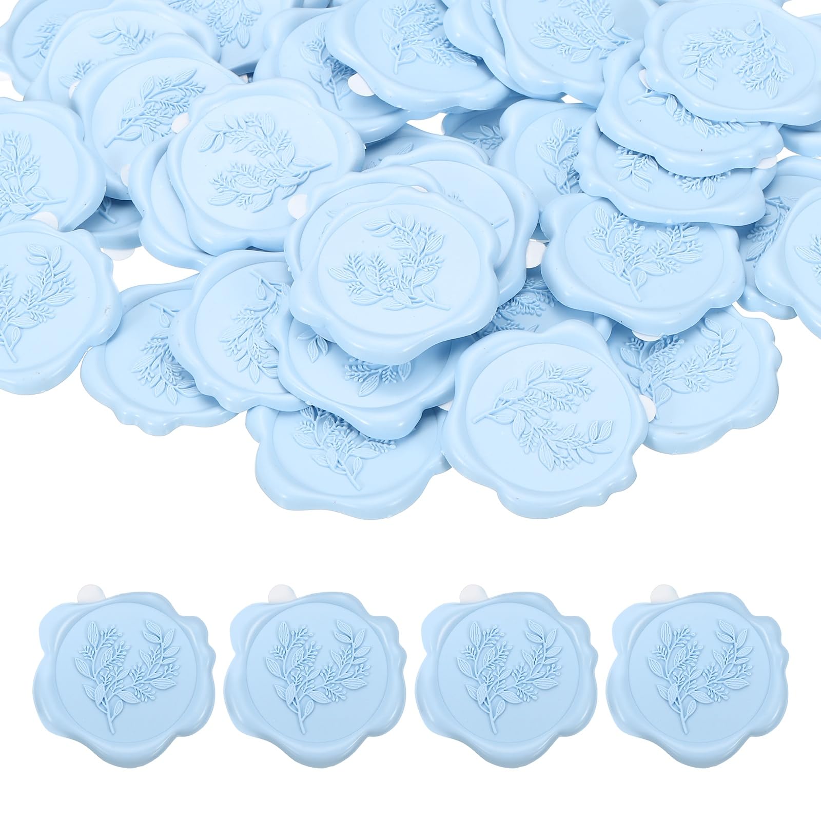 PATIKIL 50Pcs Eucalyptus Leaf Wax Seal Stickers, Plant Embossed Self Adhesive Backed Envelopes Seal Sticker Accessories for Wedding Invitation Letter Birthday Party Gift, Light Blue