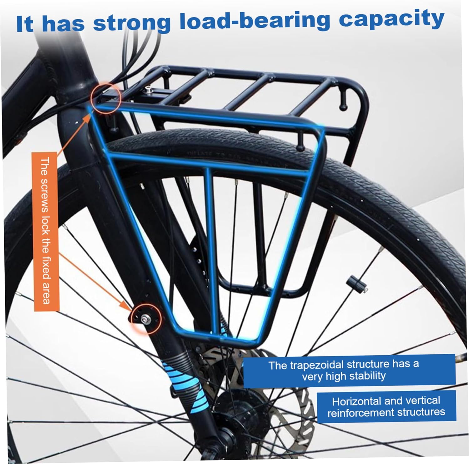 Front Bike Rack, Heavy Duty Aluminium Alloy Multipurpose Trapezoidal Design Bike Cargo Rack with Adjustable Connecting Rod f