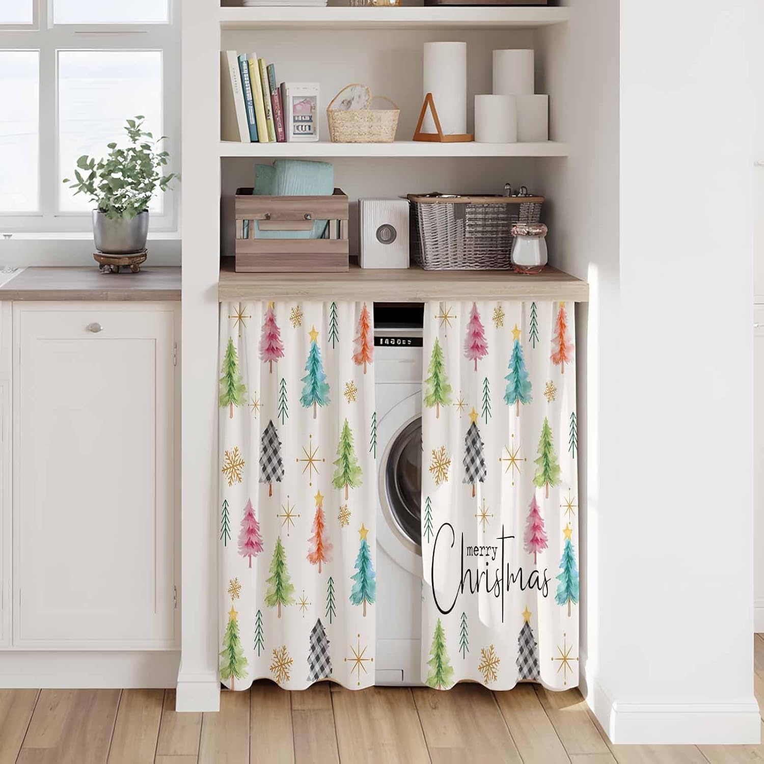 Christmas Kitchen Tier Curtains 45 Inch Long 2 Panel Set,Rod Pocket Short Window Treatment,Cartoon Colorful Xmas Tree New Year Holiday Curtains & Drapes for Bathroom Basement 27.5"W x 45"L