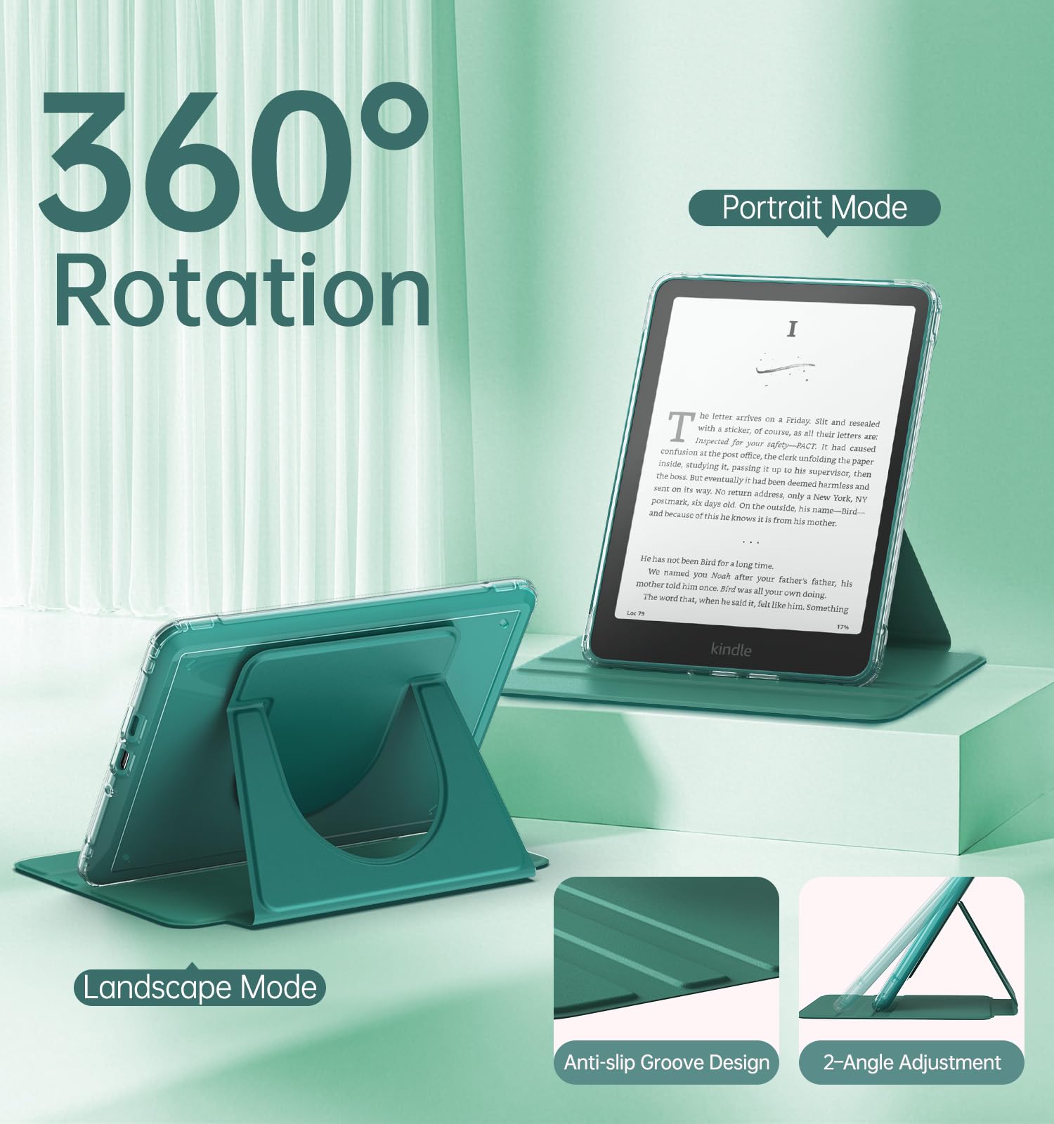 MoKo Coque Pivotante à 360° pour 7" Kindle Paperwhite 12e Gén 2024&Kindle Colorsoft 2024/2025, Étui Protection à Dos Clair Magnétique Détachable avec Support Réglable et Auto Réveil/Sommeil, Vert Jade