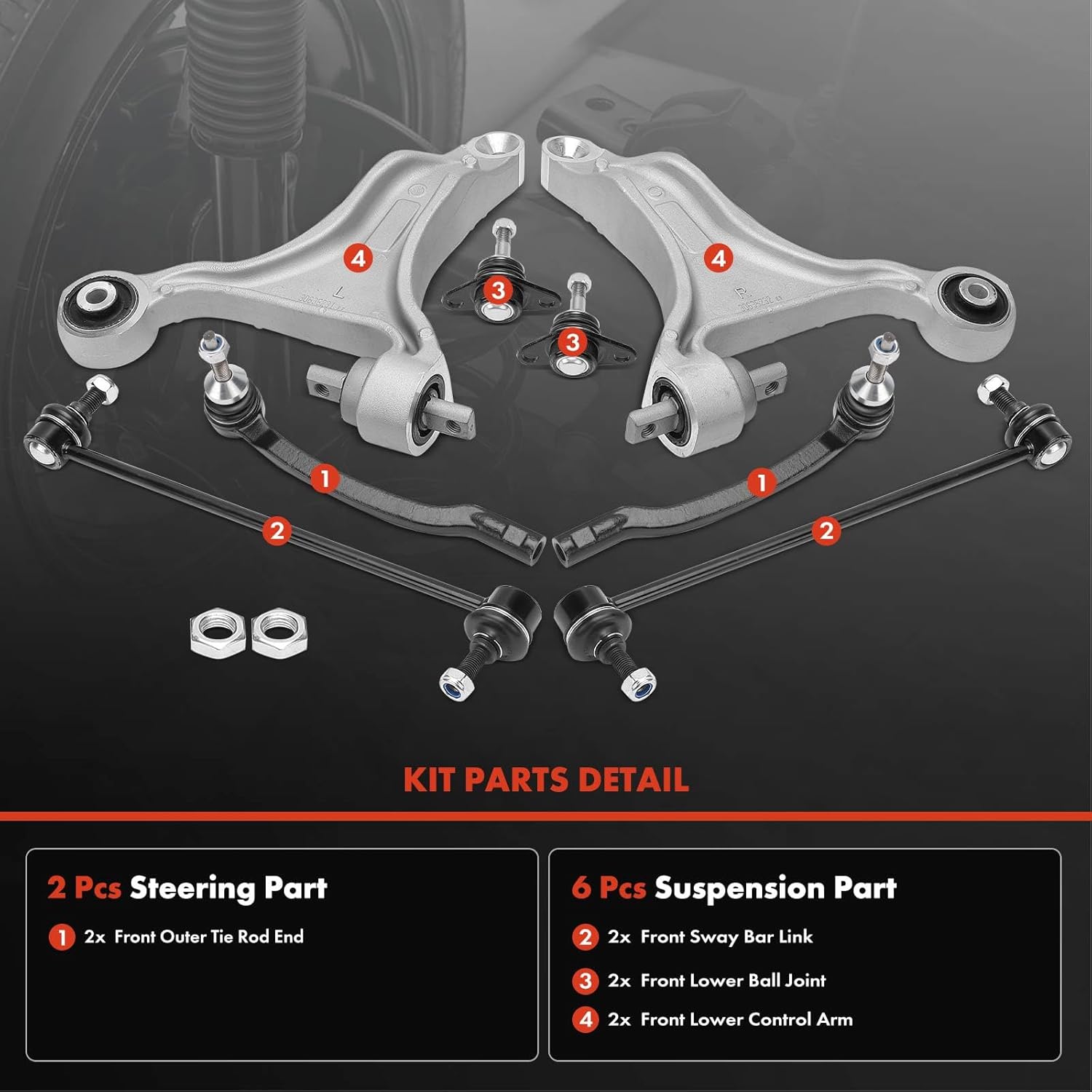 A-Premium Set of 8, Front Lower Control Arm, Lower Ball Joint, Sway Bar Link, Outer Tie Rod End, Compatible with Volvo V70 2001-2002, XC70 2003-2007