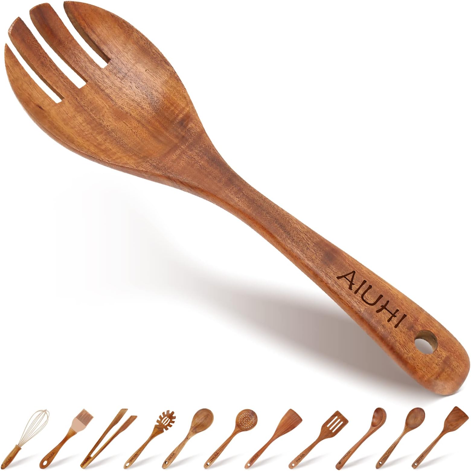 AIUHISalad Serving Spoon,Wood Salad Serving Utensils, Handmade Wooden Salad Server