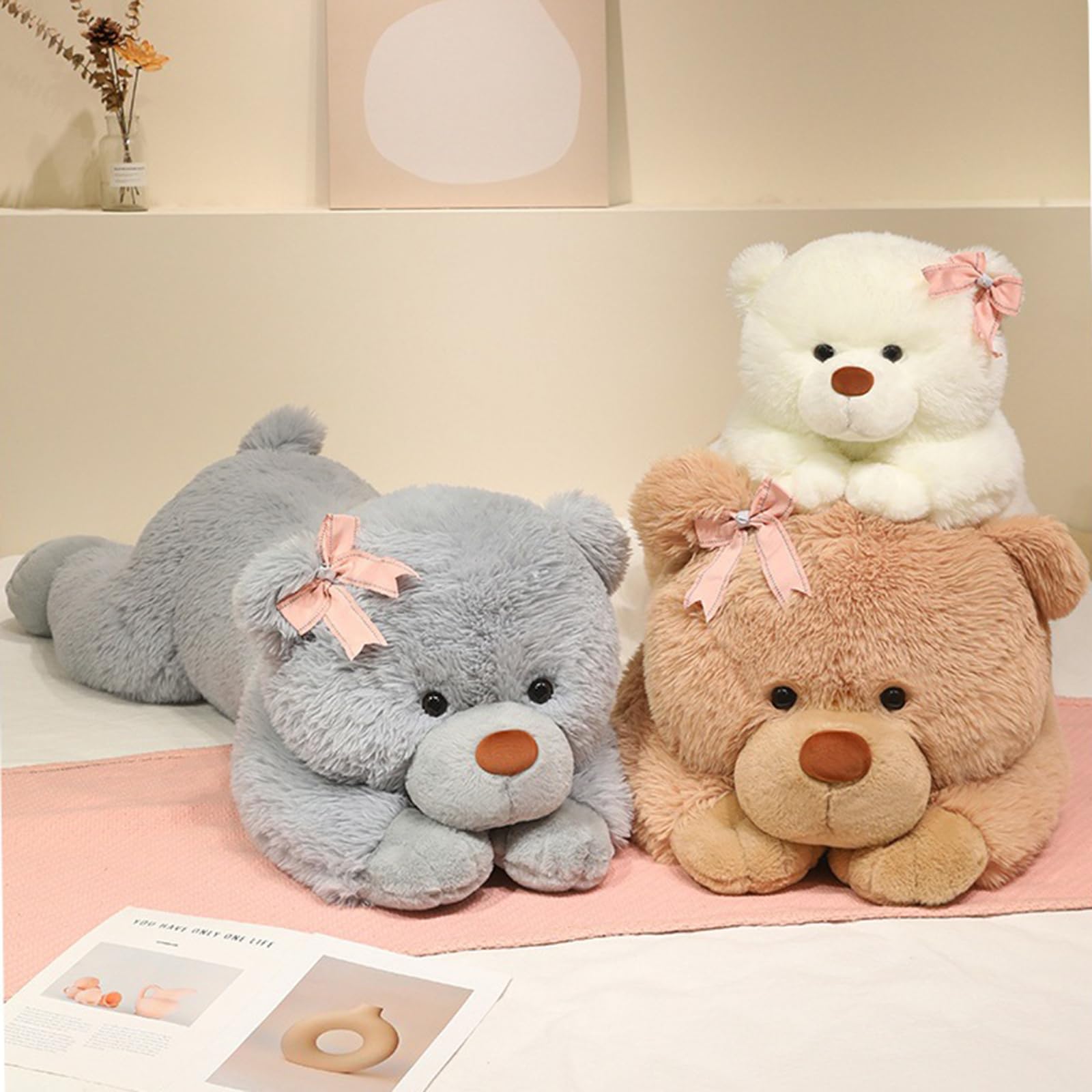 Niedlicher Rosa Teddybär Plüschtier, weicher liegender Bär Kuscheltier mit Schleife, süßes Plüschtier Teddy, weiches Stofftier Geschenk für Kinder Mädchen und Jungen (90cm,Fen)