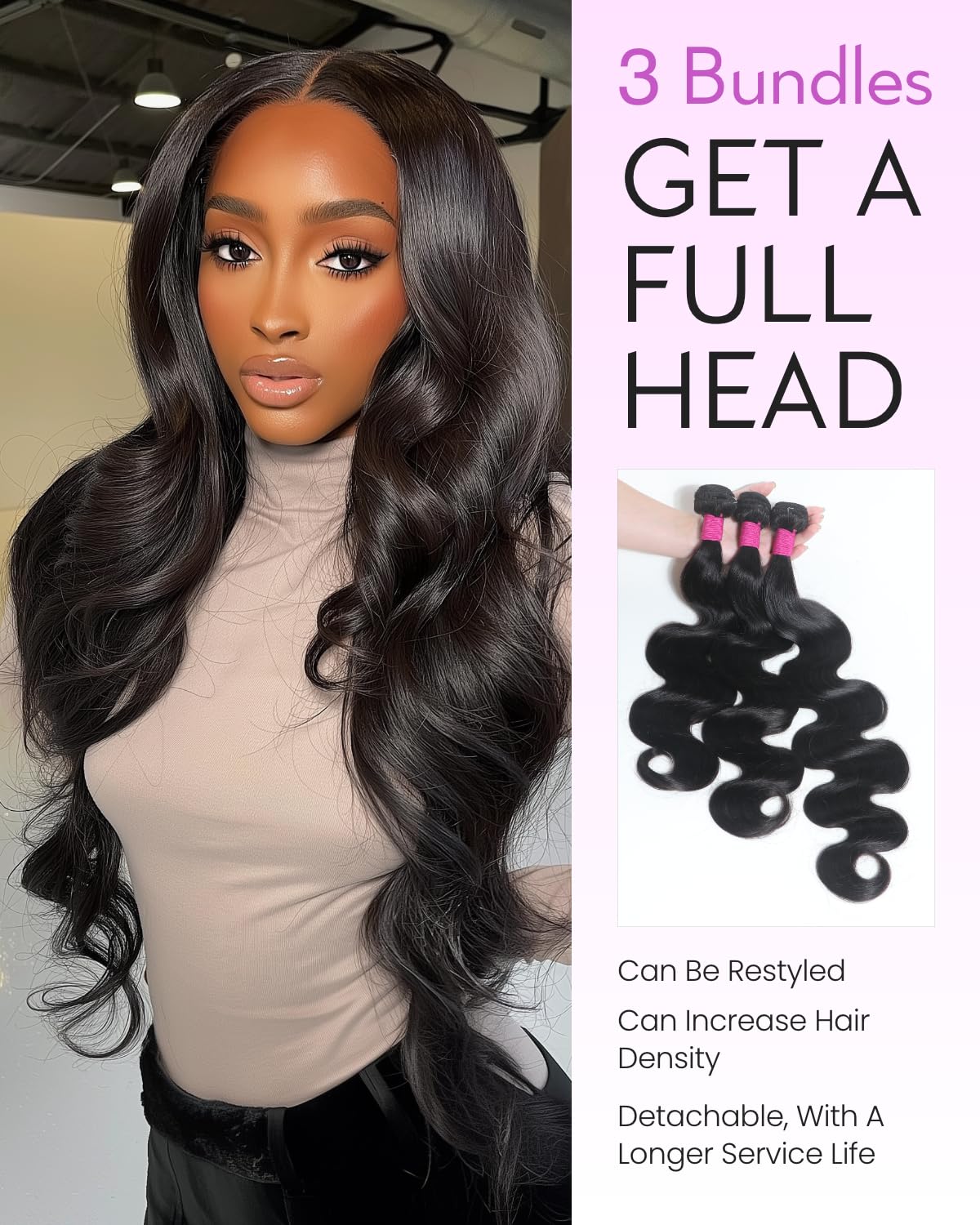 Arabella 3 Body Wave Bundles Human Hair 20 22 24 Inch Natural Black Bundles 100% Unprocessed Brazilian Virgin 10A Weave Sew in Double Weft Human Hair Bundles