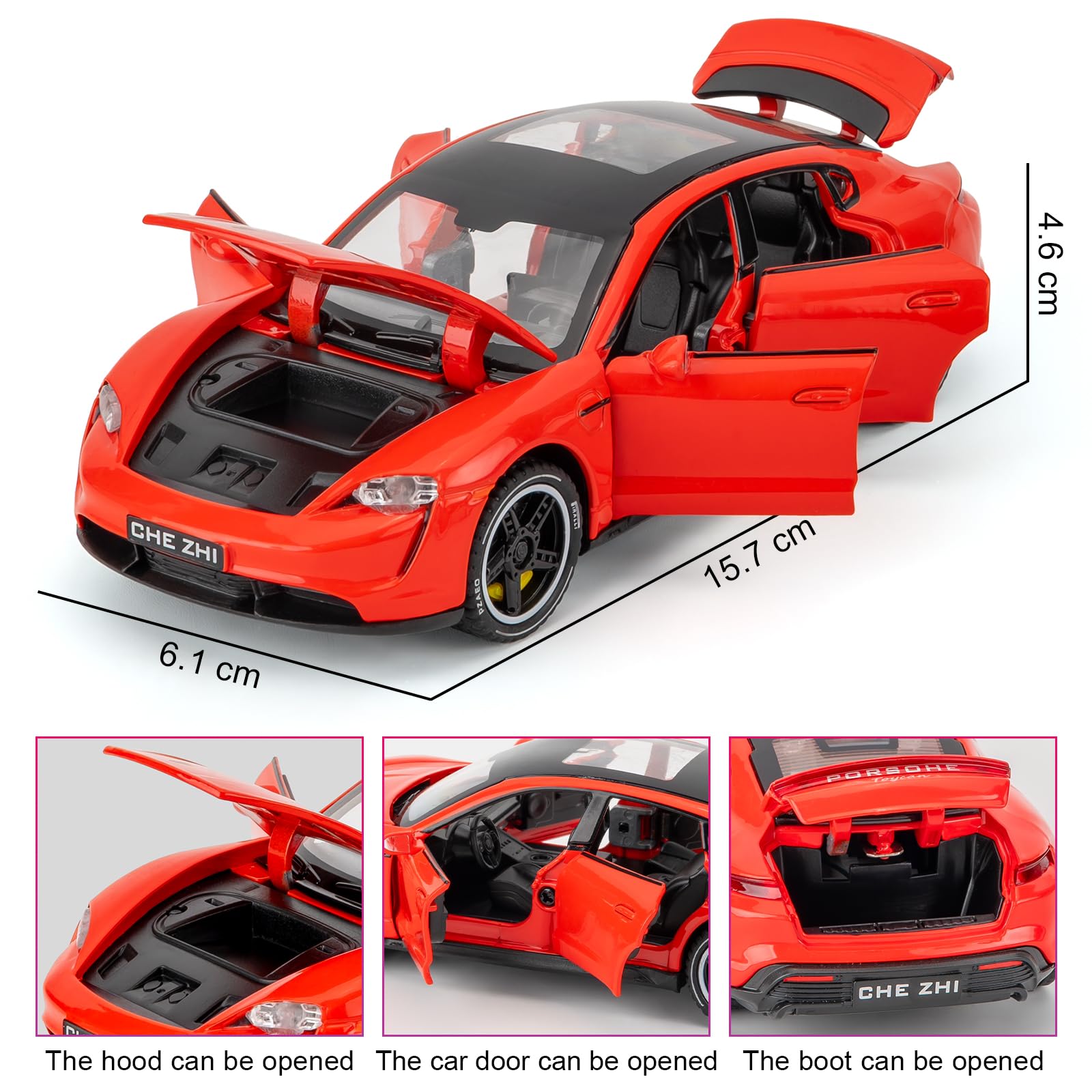 BGHSCA 1/32 Scale Porsche Taycan Diecast Model Car,Zinc Alloy Pull Back Toy Vehicles with Sound and Light for Kids 3+ Years Old Gift(Red) - Image 2