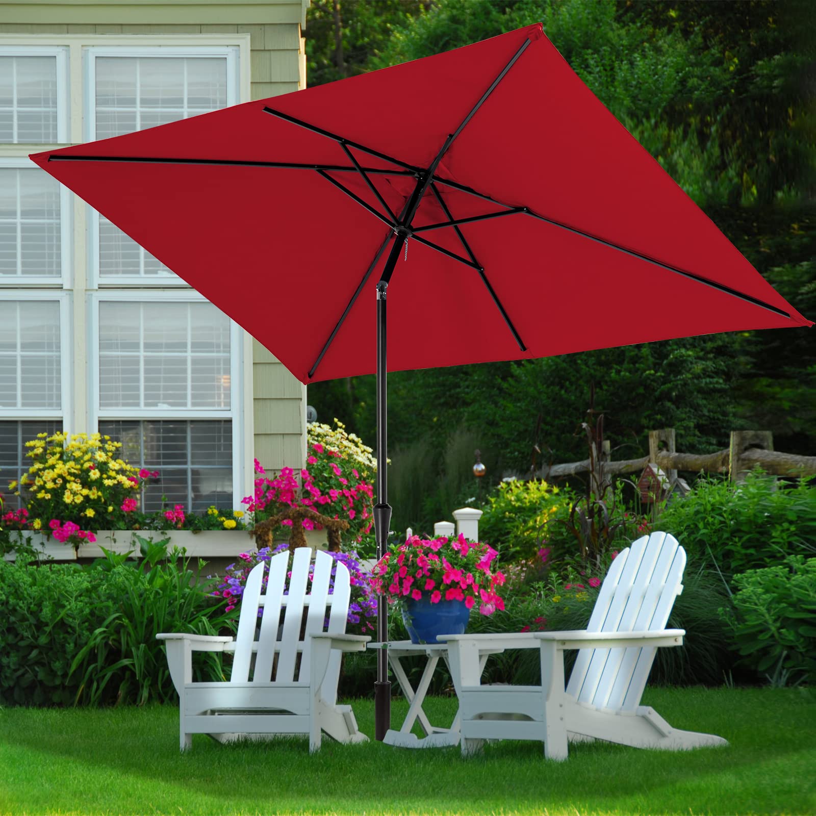 MEWAY 6.6 * 10ft Rectangular Patio Umbrella Market Outdoor Garden Table Deck Backyard Pool Sunshade Umbrella with Tilt, Crank and UV Protection(6.6 * 10 ft, Red)